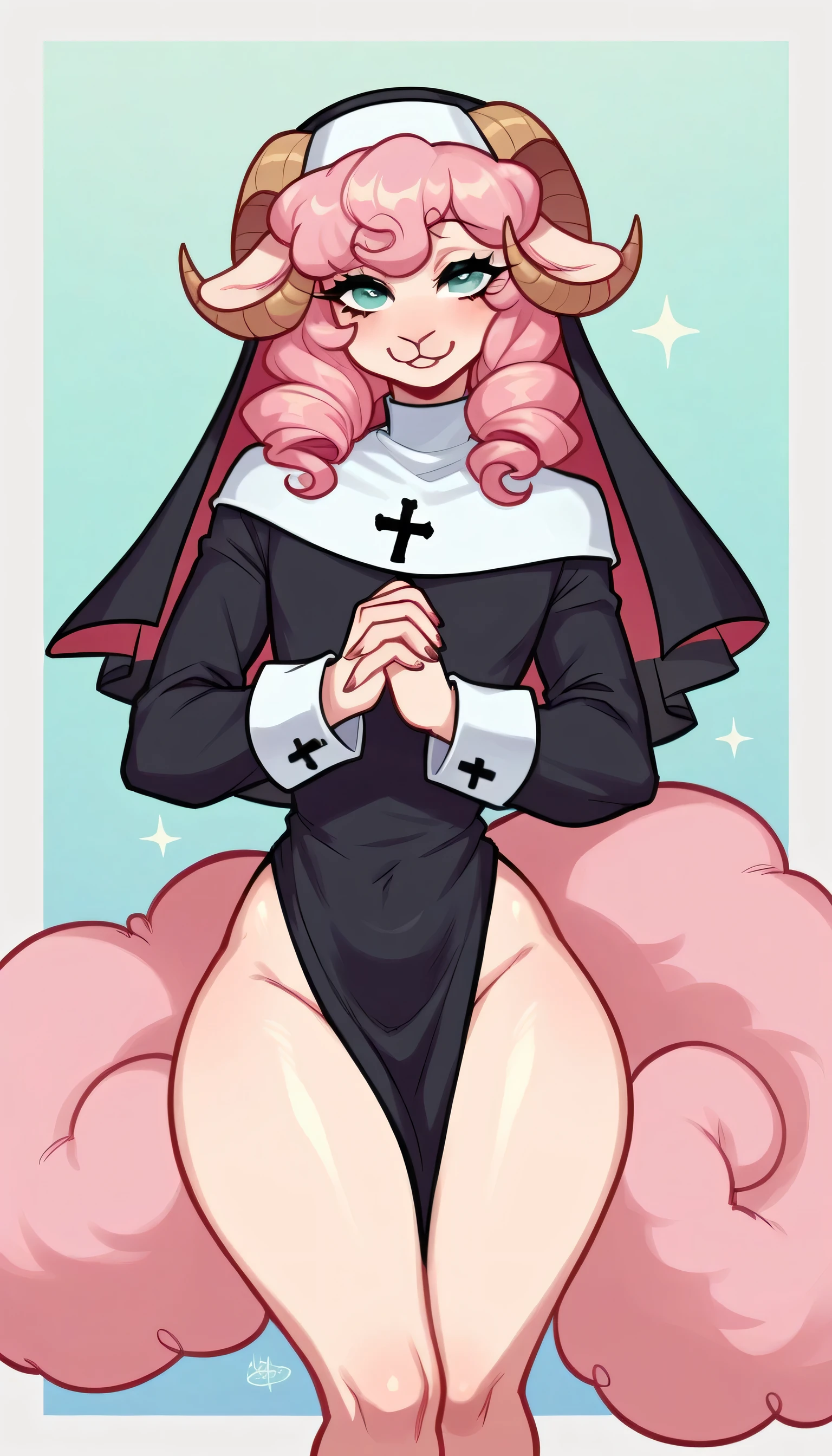 better quality, very detailed illustration , solo, ( Anthropomorphic furry sheep:1,7), ruffled voluminous bouncy hair , playful look, delgado, ideal body, thin waist , wide hips, simple drawing, Artifyber style , pastel flat colors , beautiful, cartoon ,solo, short curly pink hair, nun outfit, fluffy tail, ram horns, seductive pose, femboy