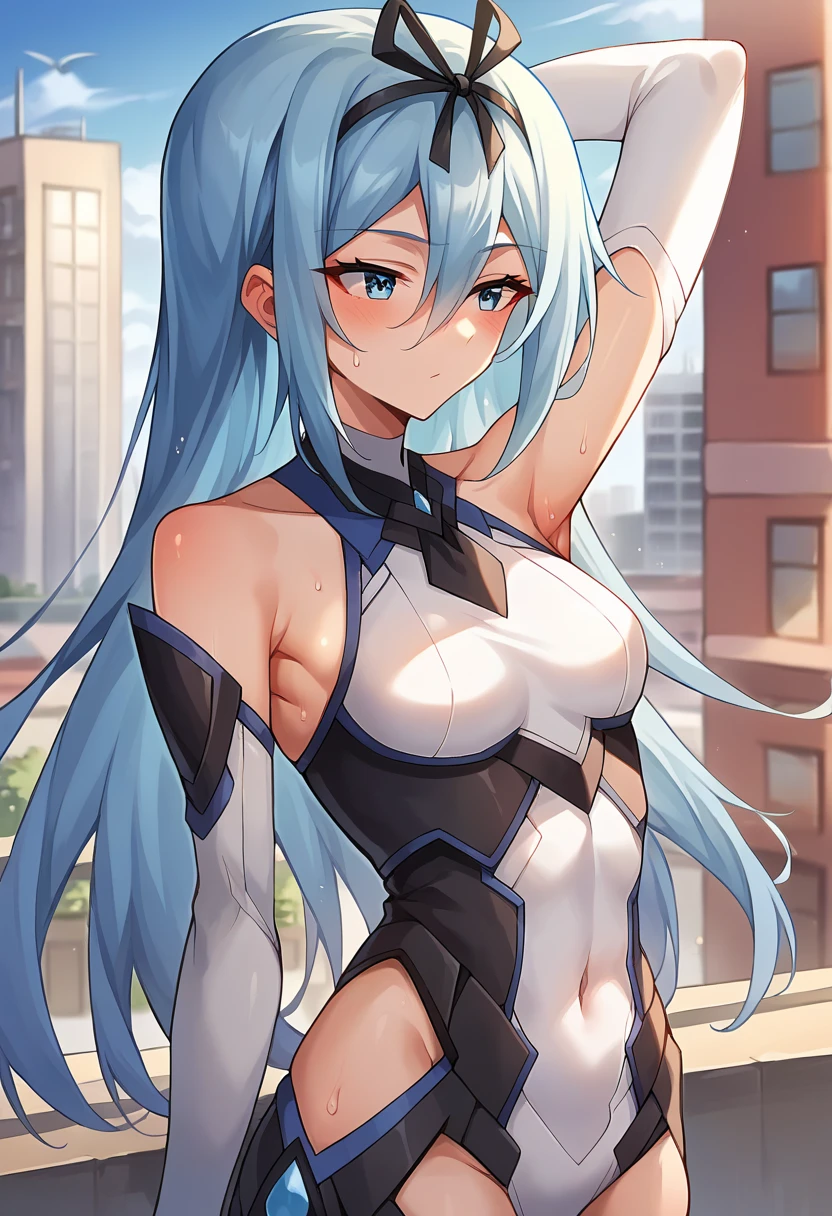 (16k, RAW photos, top quality, masterpieces),highest quality, master piece: 1.2, super detailed, super high resolution, super detailed, (solo, 1 girl, ahoge: 1.2) ,Mejiro Ardan \(umamusume\),horse ears,horse girl,long_hair,blue_hair,purple_eyes,Truck Uniform, striped pattern, Training wear, shorts, sports bra, sweat, wet skin,Navel exposed, abs, muscular, big bust, (smile:1.6),(looking at the camera), dynamic lighting, High resolution, sharp focus, depth of field, chest emphasis, exposed shoulders, fashionable, elegance, charming, seductive, gorgeous, stunning, charming cleavage, lovely, charming, cute, beautiful detailed face, beautiful detailed eyes, soft expression, slim Beautiful figure, curvaceous, hourglass shape, moderate bust, slender arms, graceful hands, delicate fingers, slim wrists, elegant neck, bare shoulders, smooth skin, dynamic angle, perfect composition, outdoor,(park, sunny sky, promenade),cinema lighting, angle from below