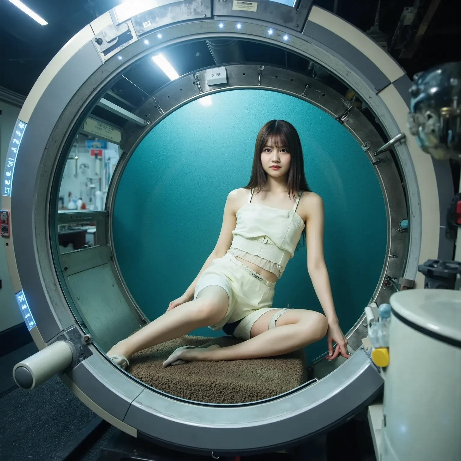 arafed woman On the space station with a camera, In a futuristic spaceship, On the space station, In spaceships, On the spacecraft, On the space station上, Fantastic cyberpunk girl, Mixed style beeple, In a crashed spaceship, In the city of the future, Girl in Space, Low-key cyberpunk style, Movie. Leng Jun, spacecraft living capsule, intricate interior render, turquoise and cream color pallete, detailed high-tech furniture, organic fresh plants around, on the wall a ductless air conditioner with a clear "Mitsubishi electric" logo on it, one man and one woman just take off their astronaut outfit, sitting and drinking cocktail, chill atmosphere --style raw
