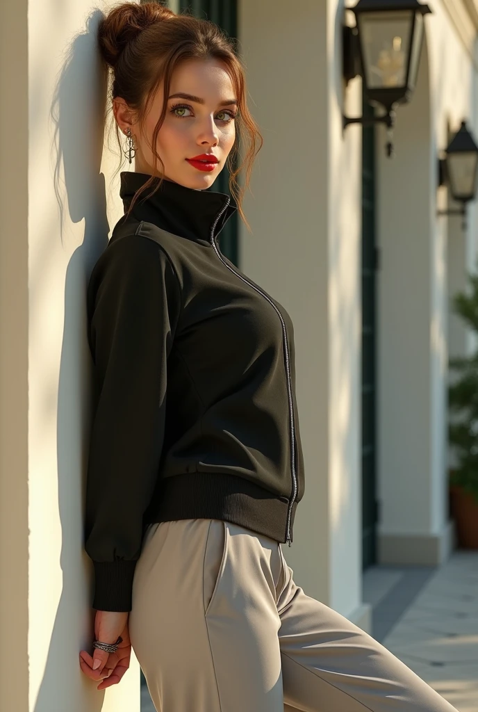 Oman avec blouson noire, fille sexy aux yeux bleus, Portrait Sophie Mudd, Portrait de Corinna Kopf, cheveux blonds et grands yeux, Selfie d’une jeune femme, ohne Maquillage, maquillage naturel, Regardez directement dans la caméra, Visage avec Artgram,