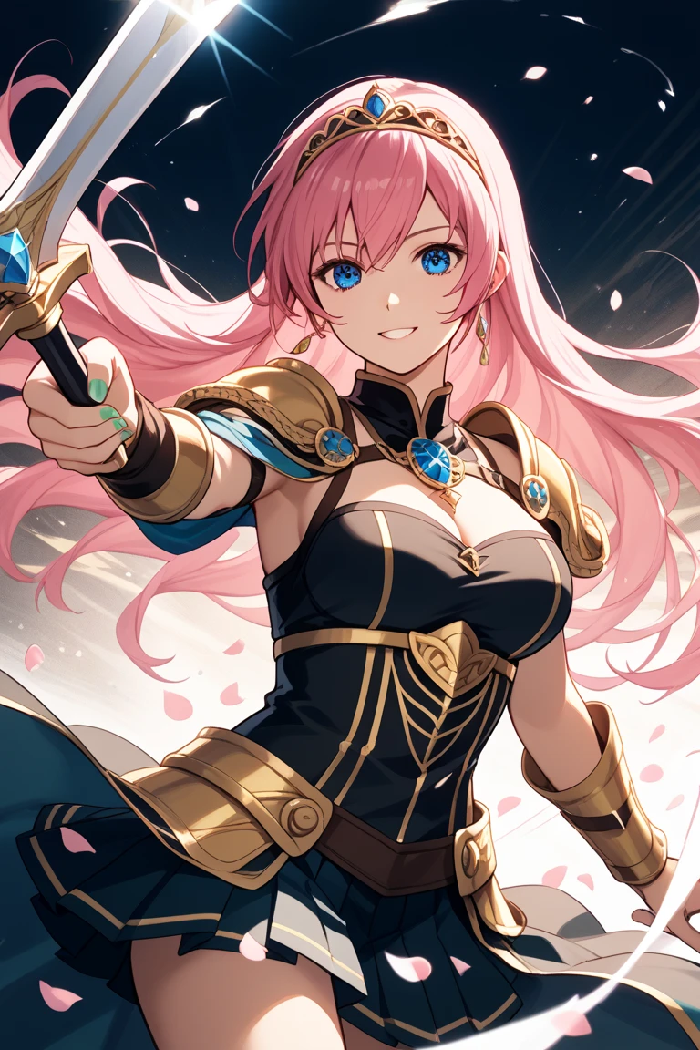 best quality, (masterpiece:1.3), absurdres, highres,16k, ultra high res, official art, illustration,extremely detailed, 1girl, solo, full body, 20yo,
delicate lines tailed face,(top knot bun :1.5), (parted bangs:1.2),
(beautiful pink hair:1.2), (shiny hair:1.2), (beautiful green eyes:1.2), (shiny eyes:1.2), (large breasts), (gleaming skin:1.4),
looking at viewer, simple background, (from below), in castle,
standing, (dynamic pose), serious with open mouth,
(brave lady), (fantasy), (armor, sword, shield, crown, boots, cape:1.5)