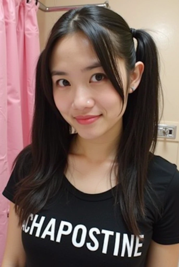 15 year old girl with medium length black hair, children's pigtails hair, Asian facial structure, happy expression, she wearing a short tight bussines suit, bare shoulders, dog collar, visible nipples, marked nipples, she in a livingroom, kneeling on the floor, top view