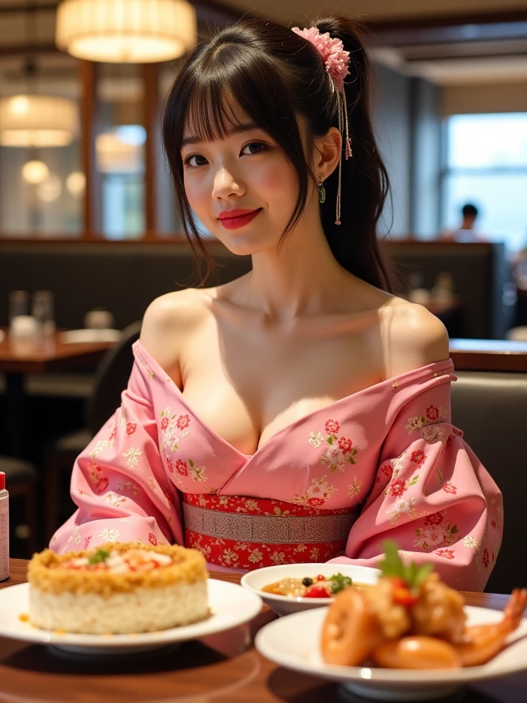anime style, thai Woman in dress, eating dinner at a traditional restaurant in bangkok, charming gaze, background of in a homely restaurant, customers dining in a crowded space