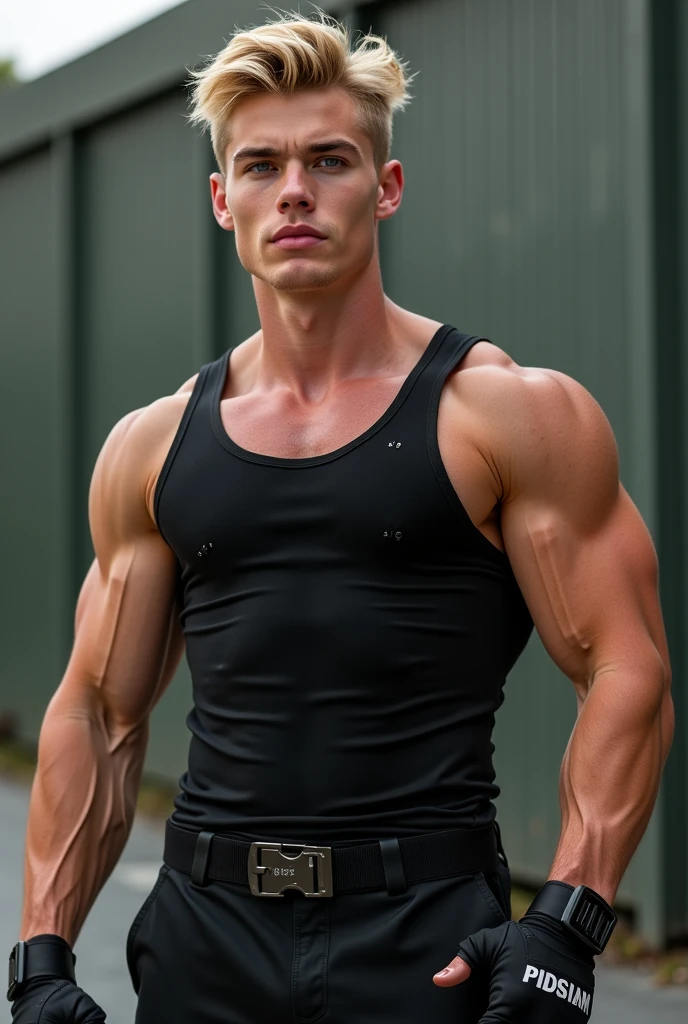 (Very detailed 8k wallpapers), Bodybuilding postures, On the playground, High Detail, Very short hair,, The body is very strong, Muscle bulge, muscular, Very large pectoral muscles. Very sexy abdominal muscles, 腿部muscular, Fit body, Lightens oily skin, muscular, Vest, Long Shot, Wide-angle lens，No body hair，young handsome guy,Cold white skin，tall and tall
