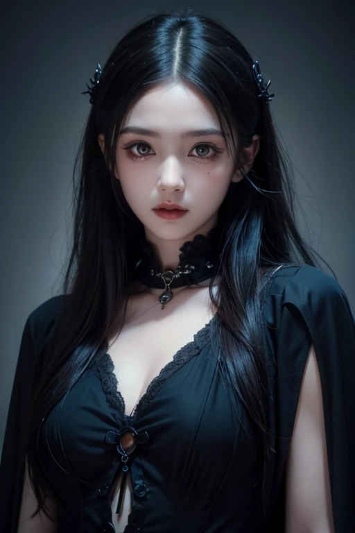 "An incredibly detailed and intense portrayal of a terrifying female necromancer, Ultra-high definition 8K wallpapers for mid-shot and dramatic capture shots, Showing complex complexity".、Close-up of a woman with dark hair and wearing a black dress, in style of Dark Fantasy Art, Dark Fantasy Art, A beautiful and elegant demon queen, Dark Fantasy Art, fantasy dark art, Dark fantasy digital art, gothic fantasy art, Gothic Dark Maiden, Dark Fantasy Portrait, Portrait of the Dark Goddess, Dark Fantasy Nymph Portrait