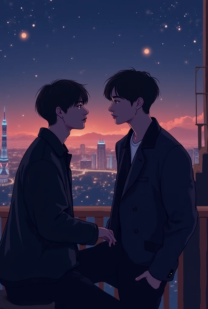 (4K works))、masterpiece、(top-quality)、Korean couple、((Male couple))、Kissing each other、the kiss、Kiss while hugging、Happiness、((Short-haired man in white))、((Man with short hair with black hair))、Adult male、Two people making love by the window、Happy memories、lovey-dovey、Happy Photos、Happy dating、((Boys Love))、((Yaoi))