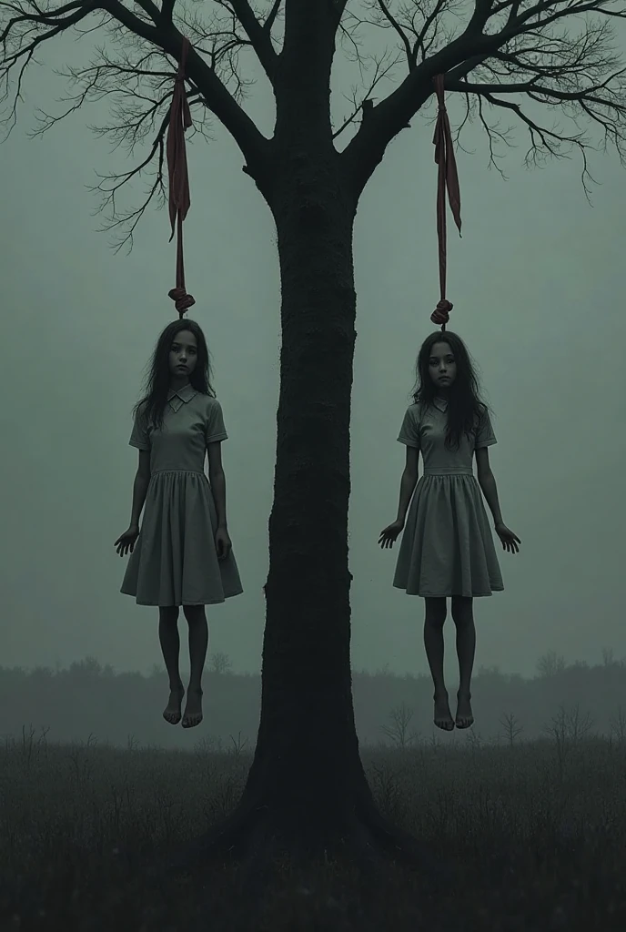 Scene of three girls in white thigh high socks, hanged, execution, gallows, hovering in the air, many people around, noose, stand on chair
