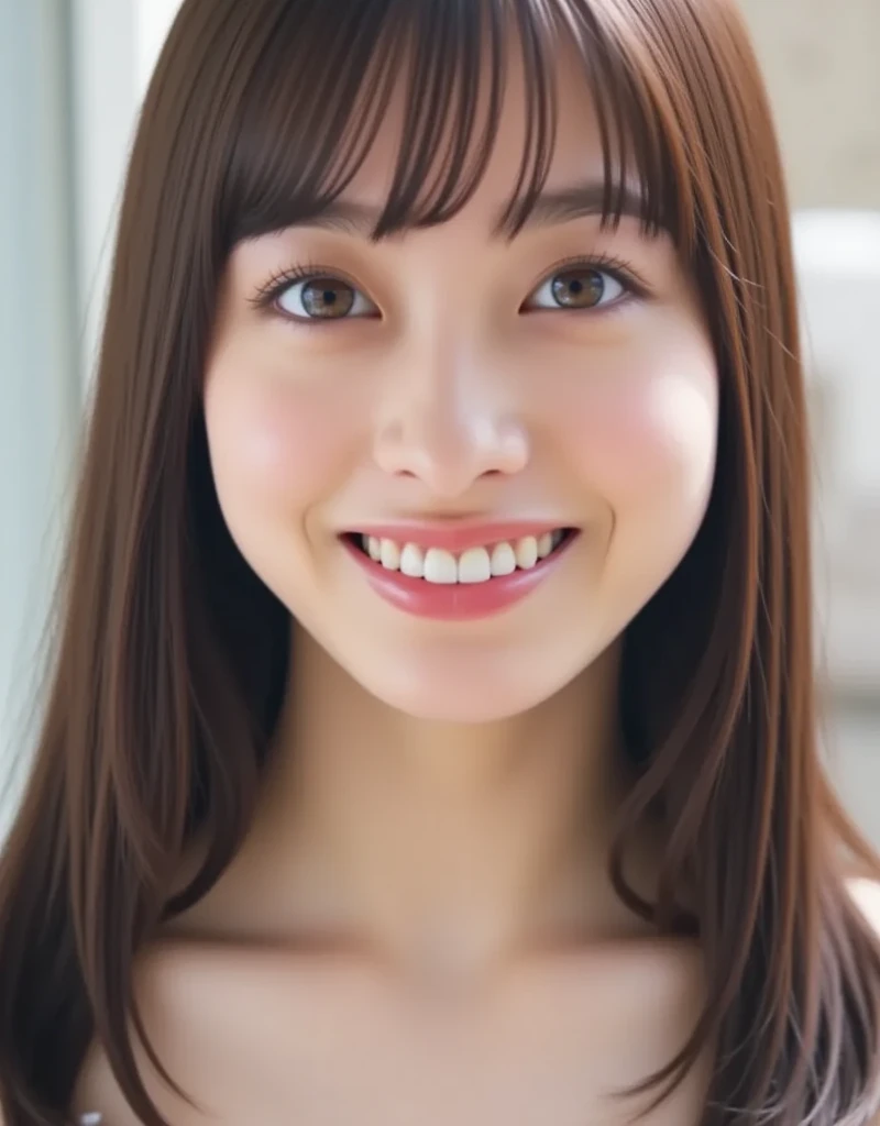 (((Like the picture、Focus on the eyes:1.1、Extremely detailed:1.22、Ultra-high resolution、masterpiece:1.45、Highest quality)))、((((Body whole body expression:1.68、camisole、Leaning forward、smile))))、long, straight black hair、So that every single hair is clearly visible、The subtle color changes of hair depending on how the light hits it、 Skin has a natural glow、Fine skin texture、Representing the fine details of pores:1.25、Details of the light redness on the forehead and cheeks、(((Eyes with fine iris details、The eyes depict color gradations and patterns.、Long, natural-looking eyelashes, each and every one visible、Well-groomed eyebrows、眉毛のindivual々The hair is clearly visible、Light reflecting off into the eye、The light in the eyes creates small highlights)))、The nose is delicate、Fine detail on the nostrils、Lips are plump and naturally pink、Depicts the fine lines and soft curves of the lips、lips are shiny and、The gloss on your lips accentuates their shape.、(((Detailed depiction of lip texture、Particular attention to the depiction of light and shadow、Soft natural light gently illuminates the face from the front、A faint glow on the forehead、A slight shine on the nose、A slight glow on the cheeks、Shadows are cast softly along the contours of the face、Accentuate the sides of your cheekbones、Accentuate the sides of the jawline、Emphasize the sides of the nose、The gloss on her lips reflects the light faintly、Lips emphasize the plump texture、The shadow of the hair gives depth and dimension、indivual々The hair shines in the light、