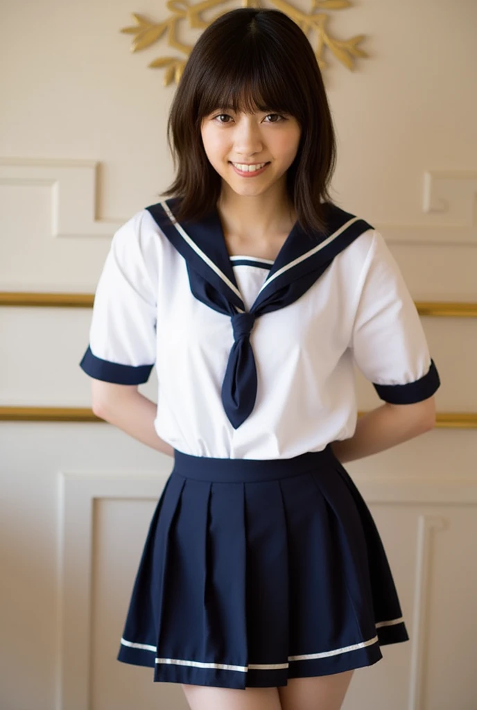(Masterpiece, Best quality:1.4), (Ultra realistic, Photo-realistic:1.2), Full body, kneeling, Natural light, 25 years old actress, Japanese women, Neat and clean, (representative sailor suit:1.3), School type suit, (White short sleeve shirt, Darknavy collar:1.1), (Darknavy pleated skirt:1.3), (Darknavy necktie), Short ponytail, Short wavy hair, Light brown hair color, (Beautiful Face), Oval face, clear, (Beautiful eyes, Kind eyes), (Clear skin), Small face, (Small mouth, Beautiful mouth), Natural makeup, Approachable, Luxury hotel Suite room, On bed, Seductive smile, (Seductive pose:1.2), (Beautiful thighs:1.1), Bedroom eyes,