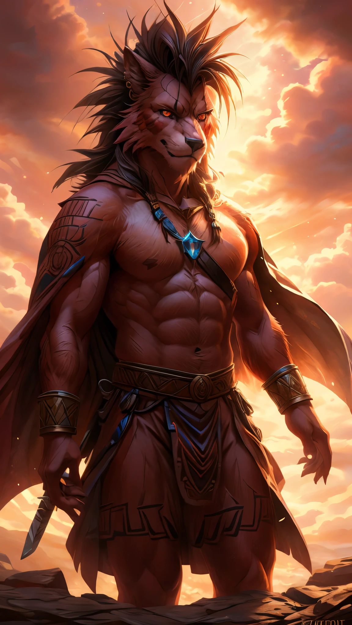 A full-body illustration of a furry art character inspired by RedXIII from the game Final fantasy, detail character, drawn in a high-quality anime style, The character is a muscular anthropomorphic Wolf with red-white fur, (Realistic eye details 1.2), sharp and authoritative eyes, and a confident yet elegant expression, He wears a highly detailed knight’s armor adorned with intricate engravings, gold and red accents, and a long flowing cape that billows majestically, His armor features ornate carvings that reflect the grace and grandeur of a noble warrior, He wields a massive sword with a complex design, its blade glowing with a mystical blue-gold energy, and its hilt adorned with a radiant gemstone, The background showcases a grand medieval castle bathed in the golden hues of a dramatic sunset, casting a warm glow on his armor, creating an epic lighting effect, Winds swirl around the character, causing his cape and hair to flow elegantly, The illustration is in a highly detailed anime style, featuring a rich and harmonious color palette, cinematic lighting effects, and finely textured details to create a breathtaking and visually stunning masterpiece, A close-up of highly detailed, realistic eyes in an anime-inspired furry art style, The eyes are sharp, vibrant, and expressive, with rich color depth and natural reflections. The irises have a smooth gradient, and the pupils are well-defined, creating a lifelike and captivating gaze, Soft lighting and subtle highlights enhance clarity, making the eyes stand out vividly