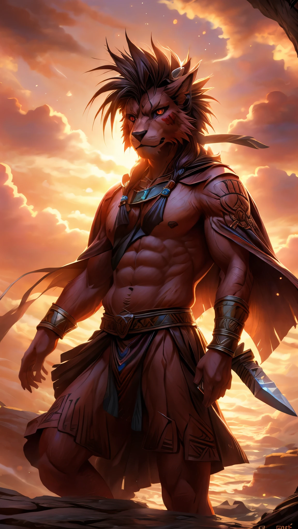 A full-body illustration of a furry art character inspired by RedXIII from the game Final fantasy, detail character, drawn in a high-quality anime style, The character is a muscular anthropomorphic Wolf with red-white fur, (Realistic eye details 1.2), sharp and authoritative eyes, and a confident yet elegant expression, He wears a highly detailed knight’s armor adorned with intricate engravings, gold and red accents, and a long flowing cape that billows majestically, His armor features ornate carvings that reflect the grace and grandeur of a noble warrior, He wields a massive sword with a complex design, its blade glowing with a mystical blue-gold energy, and its hilt adorned with a radiant gemstone, The background showcases a grand medieval castle bathed in the golden hues of a dramatic sunset, casting a warm glow on his armor, creating an epic lighting effect, Winds swirl around the character, causing his cape and hair to flow elegantly, The illustration is in a highly detailed anime style, featuring a rich and harmonious color palette, cinematic lighting effects, and finely textured details to create a breathtaking and visually stunning masterpiece, A close-up of highly detailed, realistic eyes in an anime-inspired furry art style, The eyes are sharp, vibrant, and expressive, with rich color depth and natural reflections. The irises have a smooth gradient, and the pupils are well-defined, creating a lifelike and captivating gaze, Soft lighting and subtle highlights enhance clarity, making the eyes stand out vividly