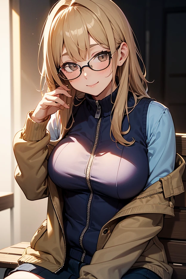 woman,14 years old,,city,night,(((white and blue tight miniskirt bodysuit))),,open mouth smile((See-through))(((Glasses))),((Beautiful long ponytail)),(()),blush、surprised face,((())),((blonde))(((On the way to changing clothes)))(((While undressing)))