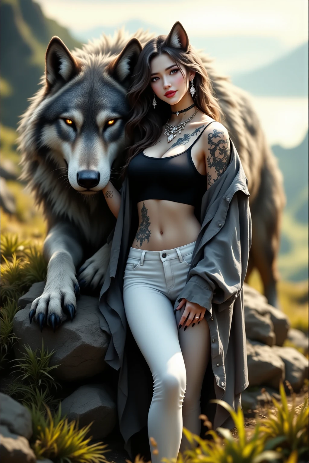 animated style, girl with black hair and tattoo on her arm and accompanied with a wolf