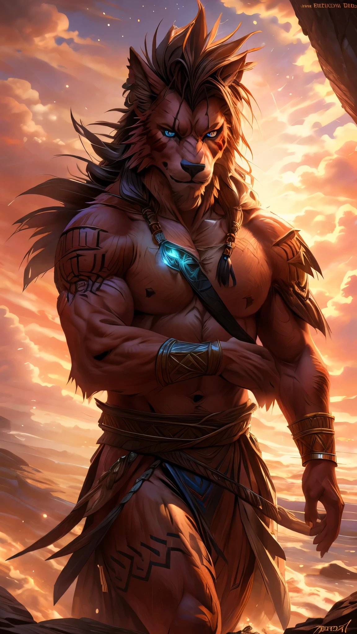 A full-body illustration of a furry art character inspired by RedXIII from the game Final fantasy, detail character, drawn in a high-quality anime style, The character is a muscular anthropomorphic Wolf with red-white fur, (Realistic eye details 1.2), sharp and authoritative eyes, and a confident yet elegant expression, He wears a highly detailed knight’s armor adorned with intricate engravings, gold and red accents, and a long flowing cape that billows majestically, His armor features ornate carvings that reflect the grace and grandeur of a noble warrior, He wields a massive sword with a complex design, its blade glowing with a mystical blue-gold energy, and its hilt adorned with a radiant gemstone, The background showcases a grand medieval castle bathed in the golden hues of a dramatic sunset, casting a warm glow on his armor, creating an epic lighting effect, Winds swirl around the character, causing his cape and hair to flow elegantly, The illustration is in a highly detailed anime style, featuring a rich and harmonious color palette, cinematic lighting effects, and finely textured details to create a breathtaking and visually stunning masterpiece, A close-up of highly detailed, realistic eyes in an anime-inspired furry art style, The eyes are sharp, vibrant, and expressive, with rich color depth and natural reflections. The irises have a smooth gradient, and the pupils are well-defined, creating a lifelike and captivating gaze, Soft lighting and subtle highlights enhance clarity, making the eyes stand out vividly