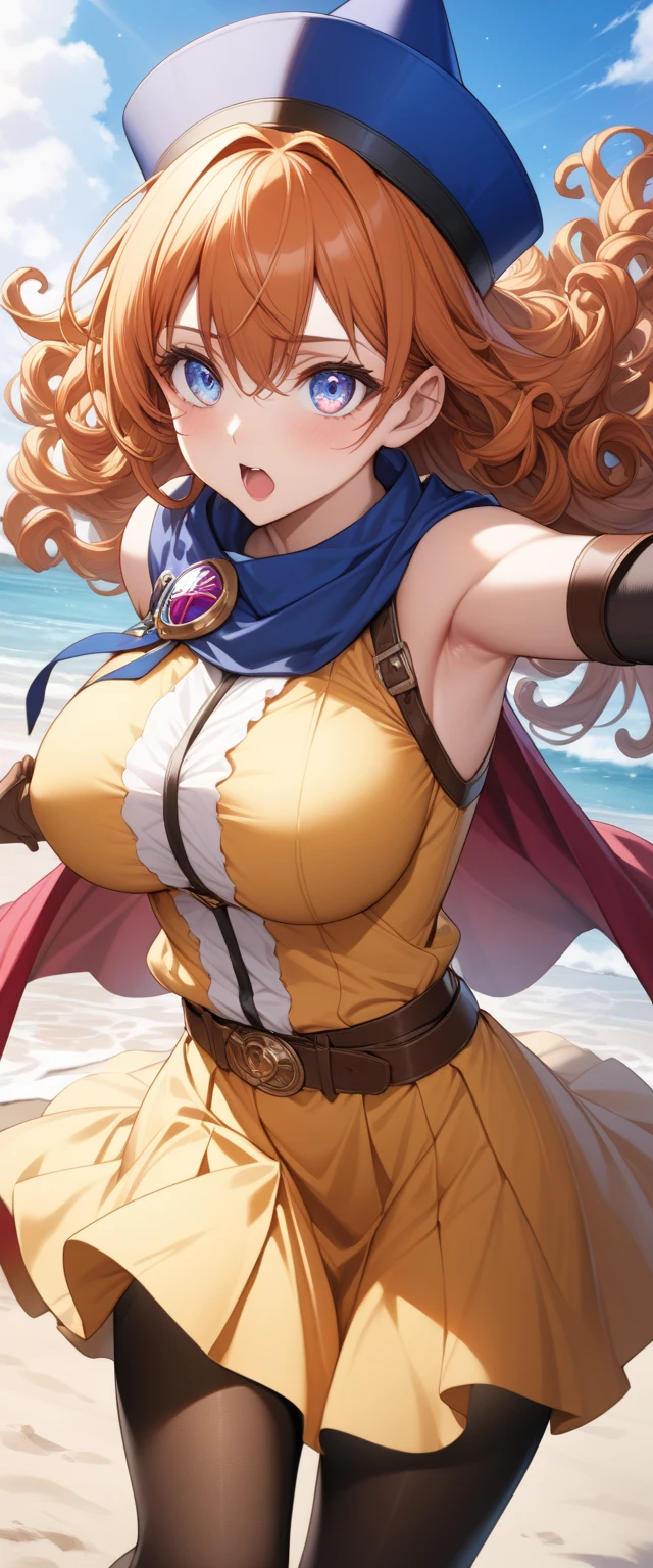 masterpiece, best quality, beautiful art, high resolution, well formed hands, body and fingers, 1 woman, solo, Xiangling, long hair, adult, big breasted, cleavage, hair ribbon, wearing a Leina Vance outfit, loin cloth, full body, sexy and skimpy bikini armor, gorgeous hips, legs and thighs , she is fighting in a combat match, showing her fighting skills, making her guard, about to hit the viewer, looking at the viewer, sweating, bouncing breasts, smiling joyfully and brightly, being confident and proud, action and fighting scene, martial arts arena with beach environment