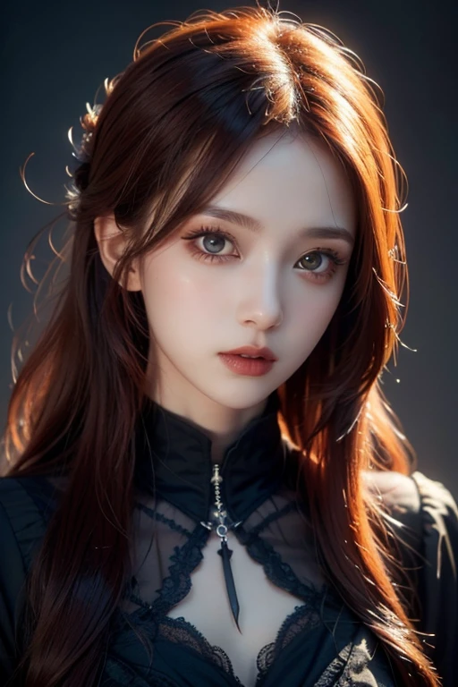goth_punk, 1girl, solo, beautiful face, beautiful eyes, beautiful nose, midnight, starry sky, beautiful red hair, glowing hair, earrings, necklace, bangs, jewelry, blunt bangs, (red eyes), gothic dress, blurry background, blurry, hair ornament, long hair, twin tail, closeup, sidelocks