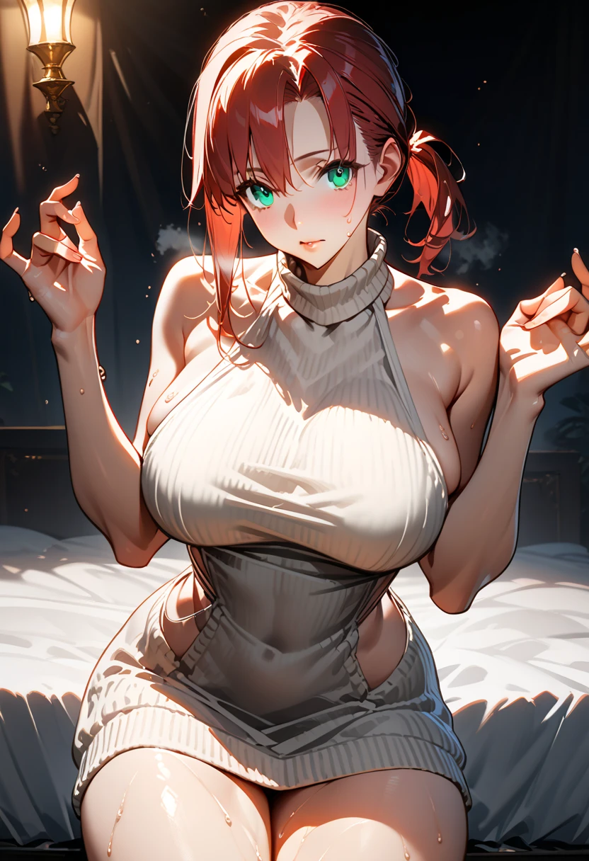 1girl,makima \(chainsaw man\), chainsaw man,super detailed skin,shiny skin,oily skin,sexual ecstasy face ,eyelashes,lips gloss,red hair,sidelocks,a braid, large breasts,water dress,bedroom,masterpiece,best quality,ultra detailed,high resolution,sharp focus