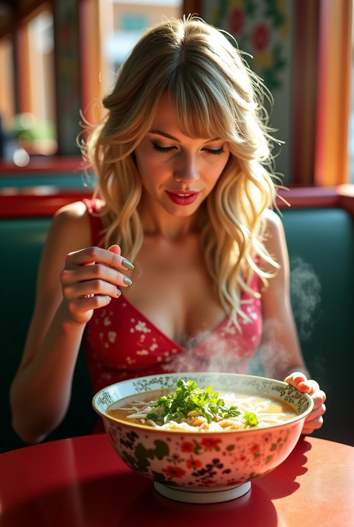 A 24 years old blonde woman eating sushis, with a close-up on the perfect lines of her middle sized breasts and her thicc thighs, the luxury of the surrounding setting enhancing her allure.
