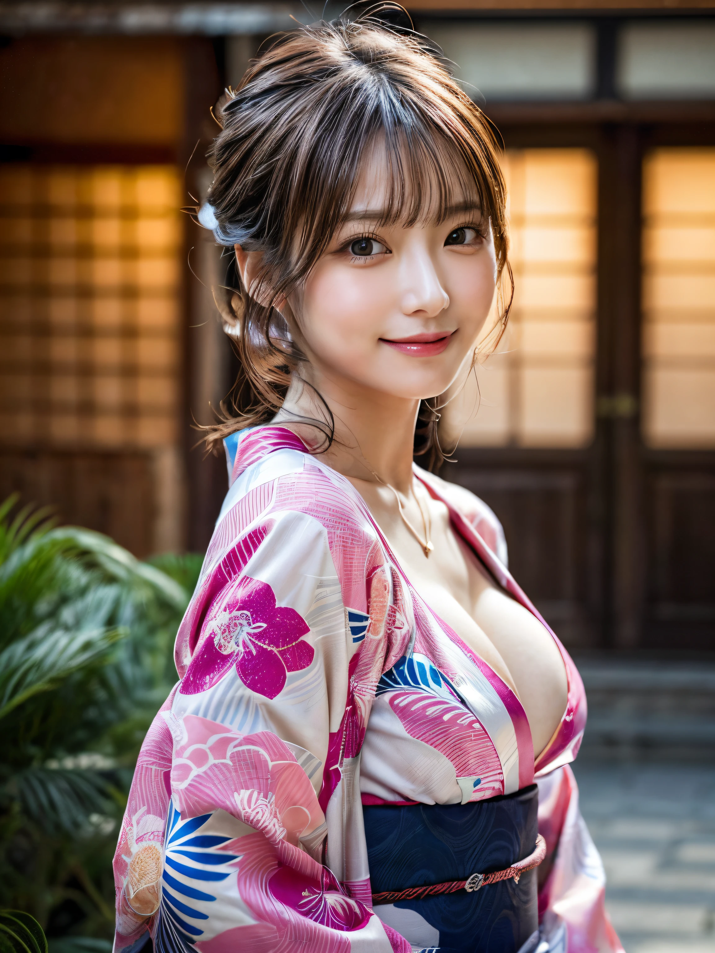 (1young girl), Extremely cute face, Amazing face and eyes, (Highly detailed eyes, Highly detailed face), fresh, Very clean appearance, (Hyper-realistic, hight resolution), (Best Quality:1.4), Raw photo, (Realistic, Photorealsitic:1.37), Professional Photography, (floral pattern yukata:1.5), (Open yukata), (cleavage:1.2), (Bare shoulders), Smile slightly, (Staring at me), Bedroom, girl portrait,