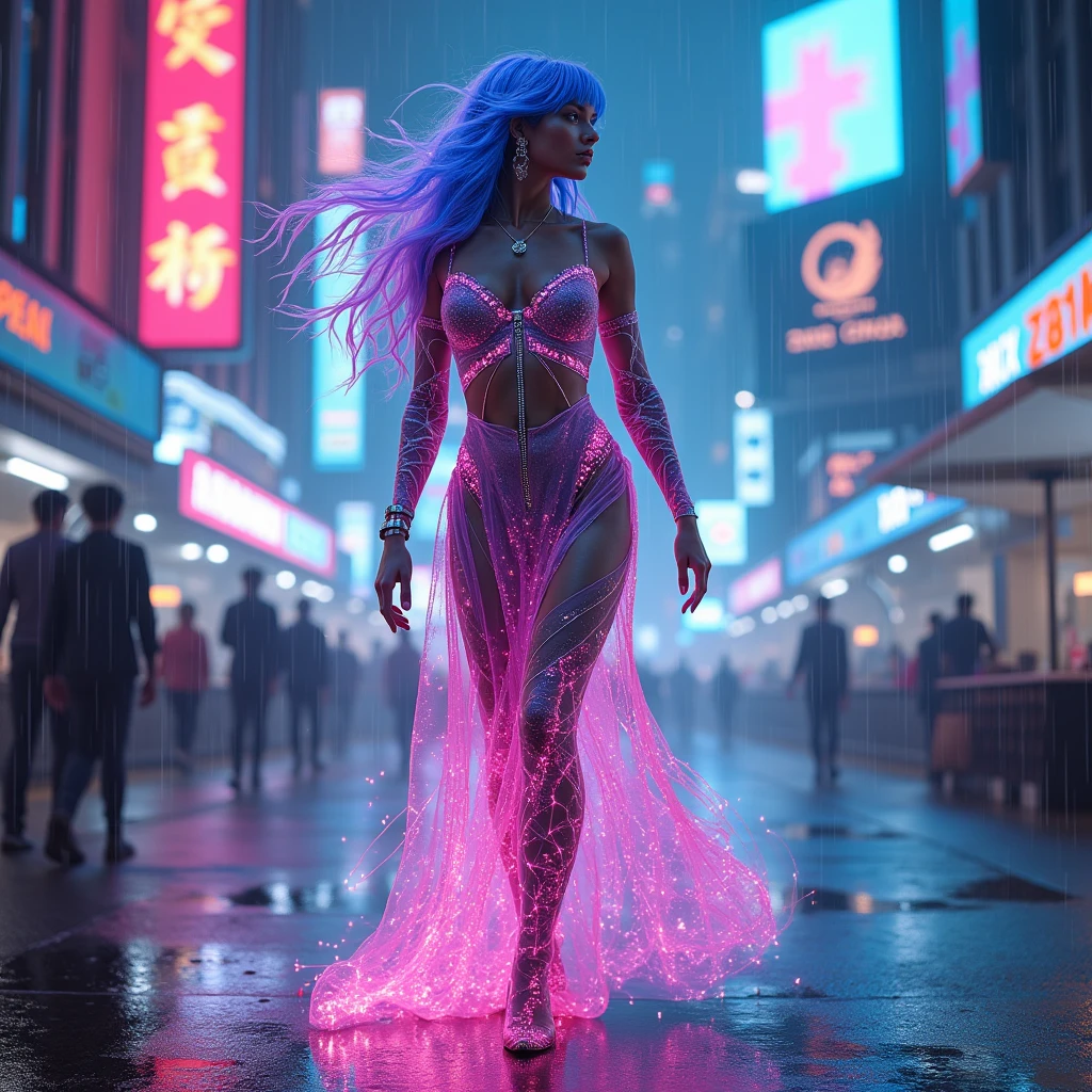 highest quality、Surreal、Perfect Anatomy、Crowded downtown area、Surrounded by spectators、Crowd、Wet and shiny white skin、Sweat dripping all over the body、Slender model figure、Ahegao、blush、micro bikini、rainbow hair、soaked、Super small face、Collars and Leads、Natural lighting、Photo session、Japanese sword、Cleavage、Cyberpunk City、Neon lights、Rubber Suit、Lightsabre、Beam sabre、