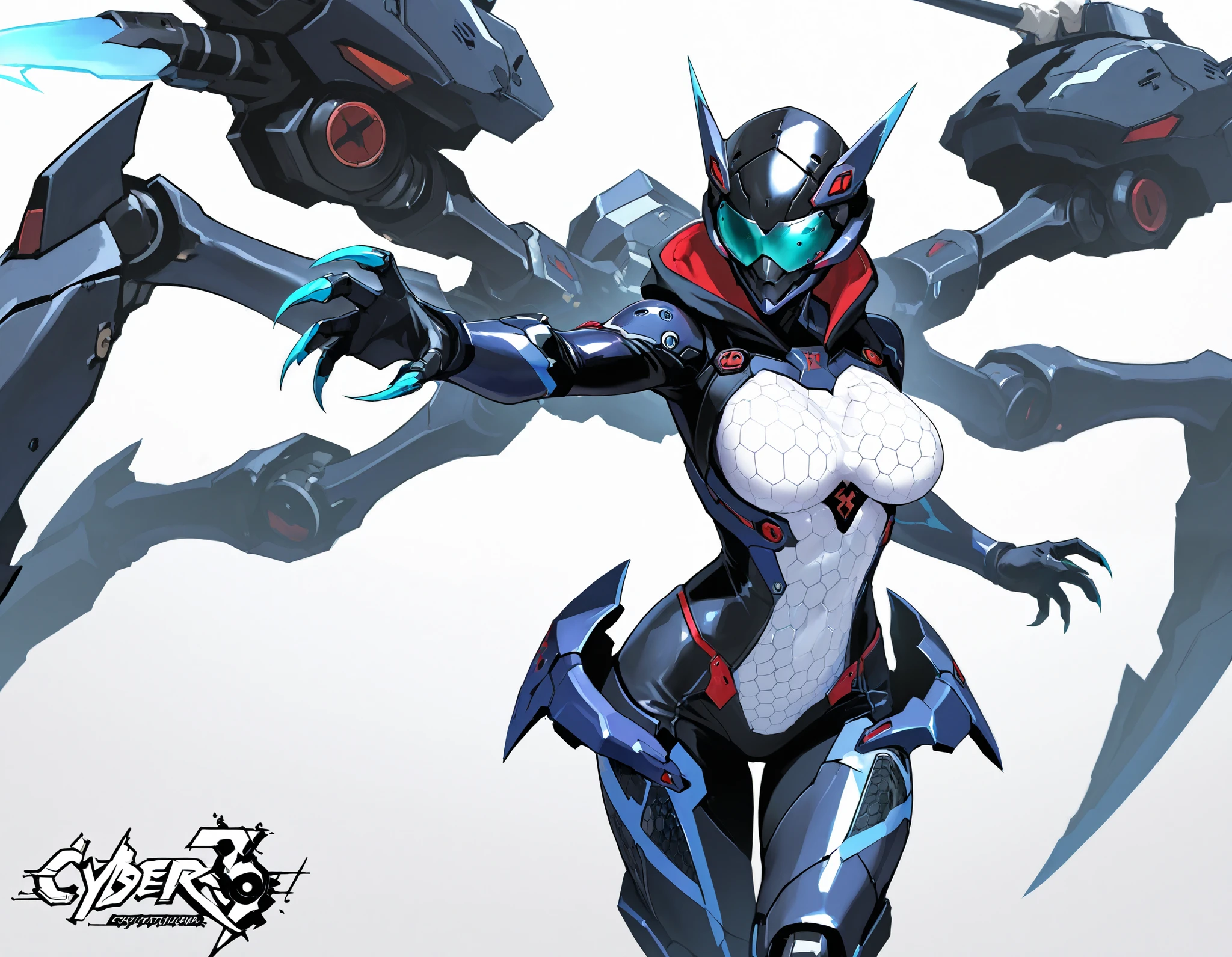 Arachne style girl. Cyber style. Honeycomb pattern bodysuit. Lightning. Mechanical spider legs. Turret. Sharp claws. Mechanical head accessory. Compound eyes. Goggles. Breasts perky. White background.