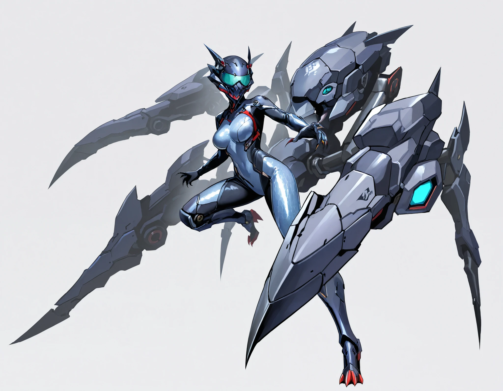 Arachne style girl. Cyber style. Honeycomb pattern bodysuit. Lightning. Mechanical spider legs. Turret. Sharp claws. Mechanical head accessory. Compound eyes. Goggles. Breasts perky. White background.