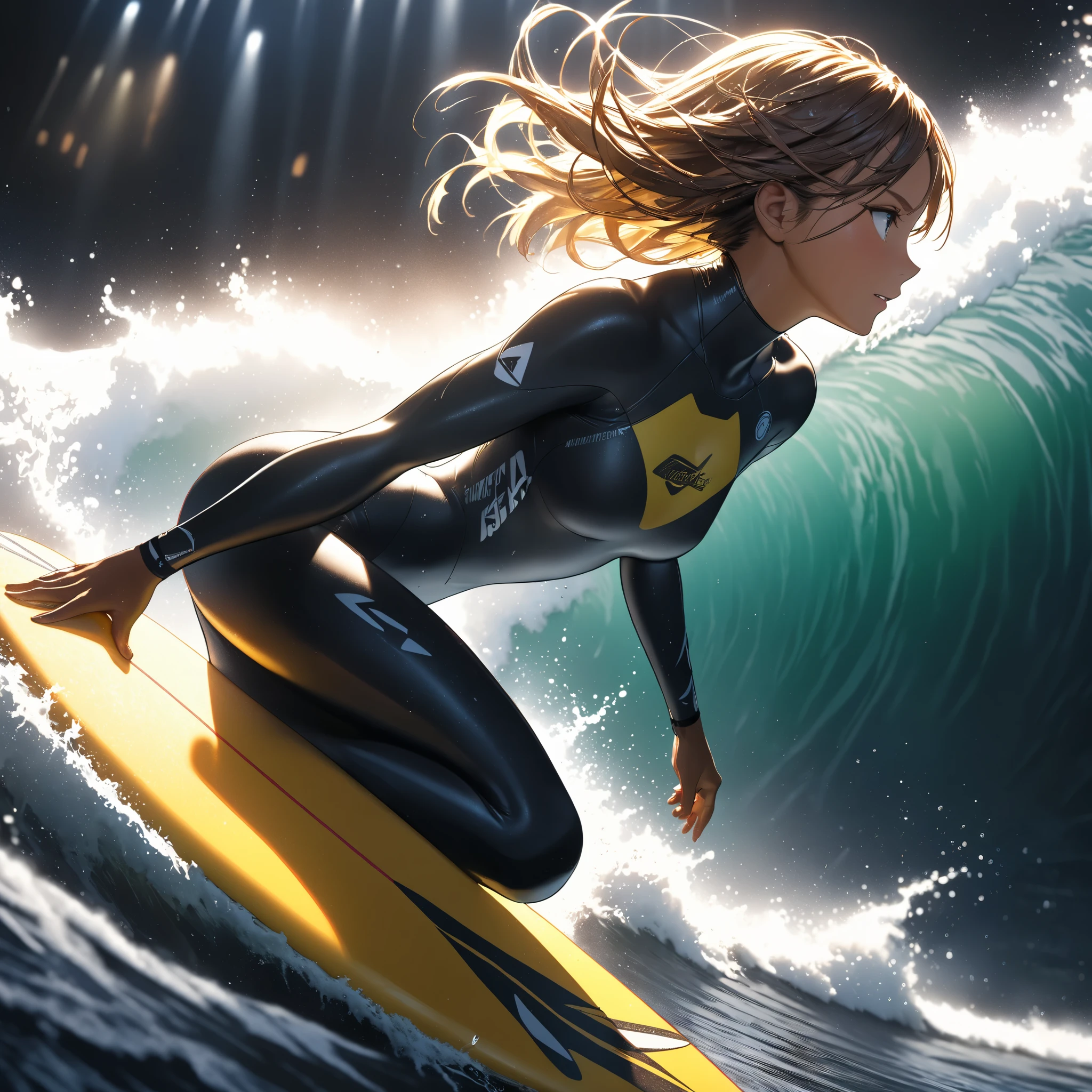 1 pro surfer girl , textured brown skin , best quality, movie light effect , anime、surfing、yellow surfboard、short board、surfing、wetsuit、Cinematic Light Effects, Surrealism, anime