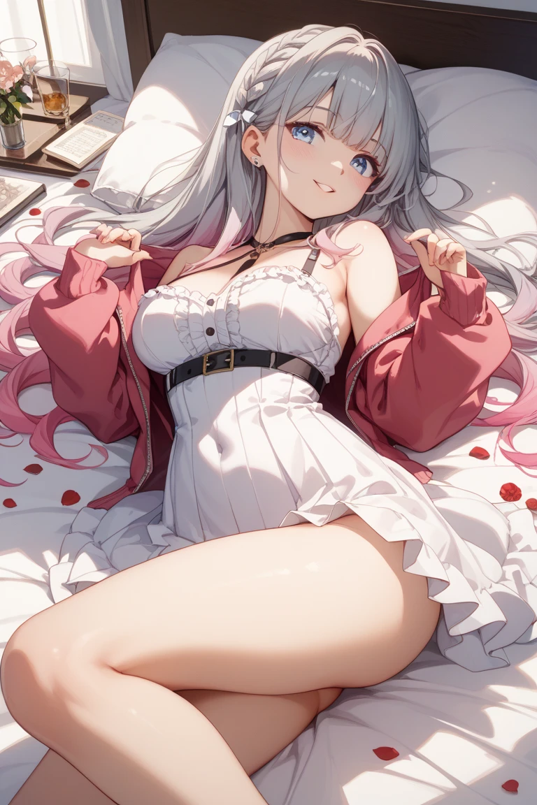 White Hair, have boobs but not that big or small, wearing a pajama, wearing a long stocking, long hair, collarbone, red eyes, inside a building, on bed, looking horny