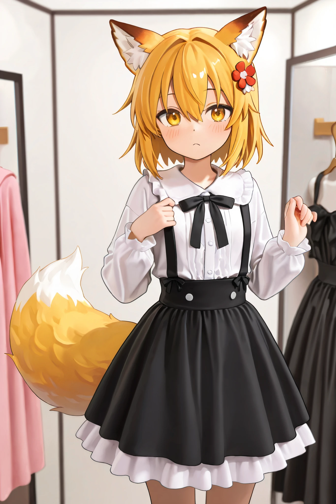 NSFW,masterpiece,best quality,high resolution,very detailed,Fairy Fox\(世話やきキツネのFairy Foxさん\),short hair,bungs、golden hair、hair ornament、 Beast Ears、hair between eyes、yellow eyes、flower、髪のflower、 Beast Earsの綿毛、fox ears、赤いflower、Fox Girl, Gothic Lolita Dress ,Lots of ribbons,skirt,upscale clothing store, apparel shop in the fitting room