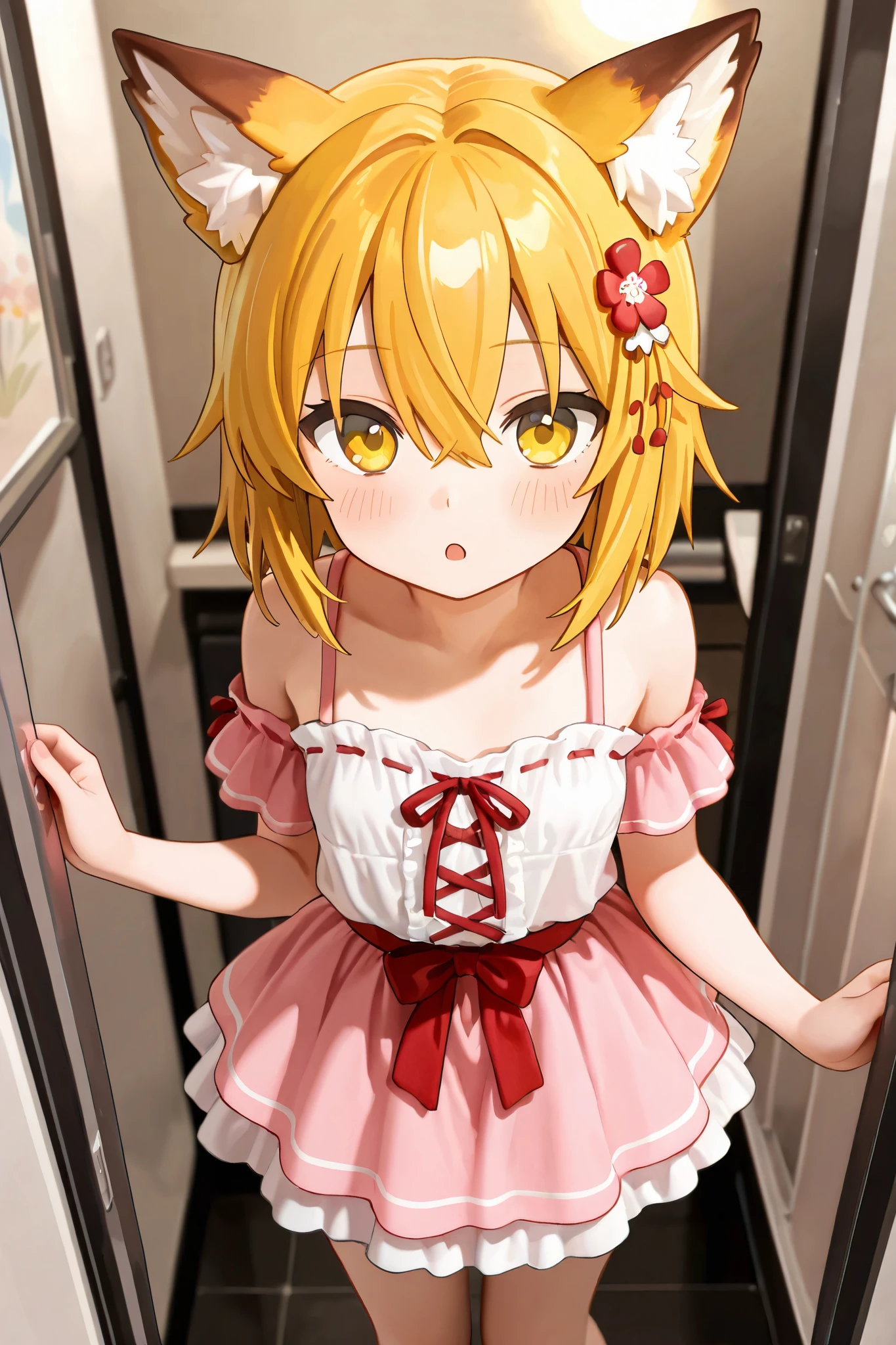 NSFW,masterpiece,best quality,high resolution,very detailed,Fairy Fox\(世話やきキツネのFairy Foxさん\),short hair,bungs、golden hair、hair ornament、 Beast Ears、hair between eyes、yellow eyes、flower、髪のflower、 Beast Earsの綿毛、fox ears、赤いflower、Fox Girl, Gothic Lolita Dress ,Lots of ribbons,skirt,upscale clothing store, apparel shop in the fitting room