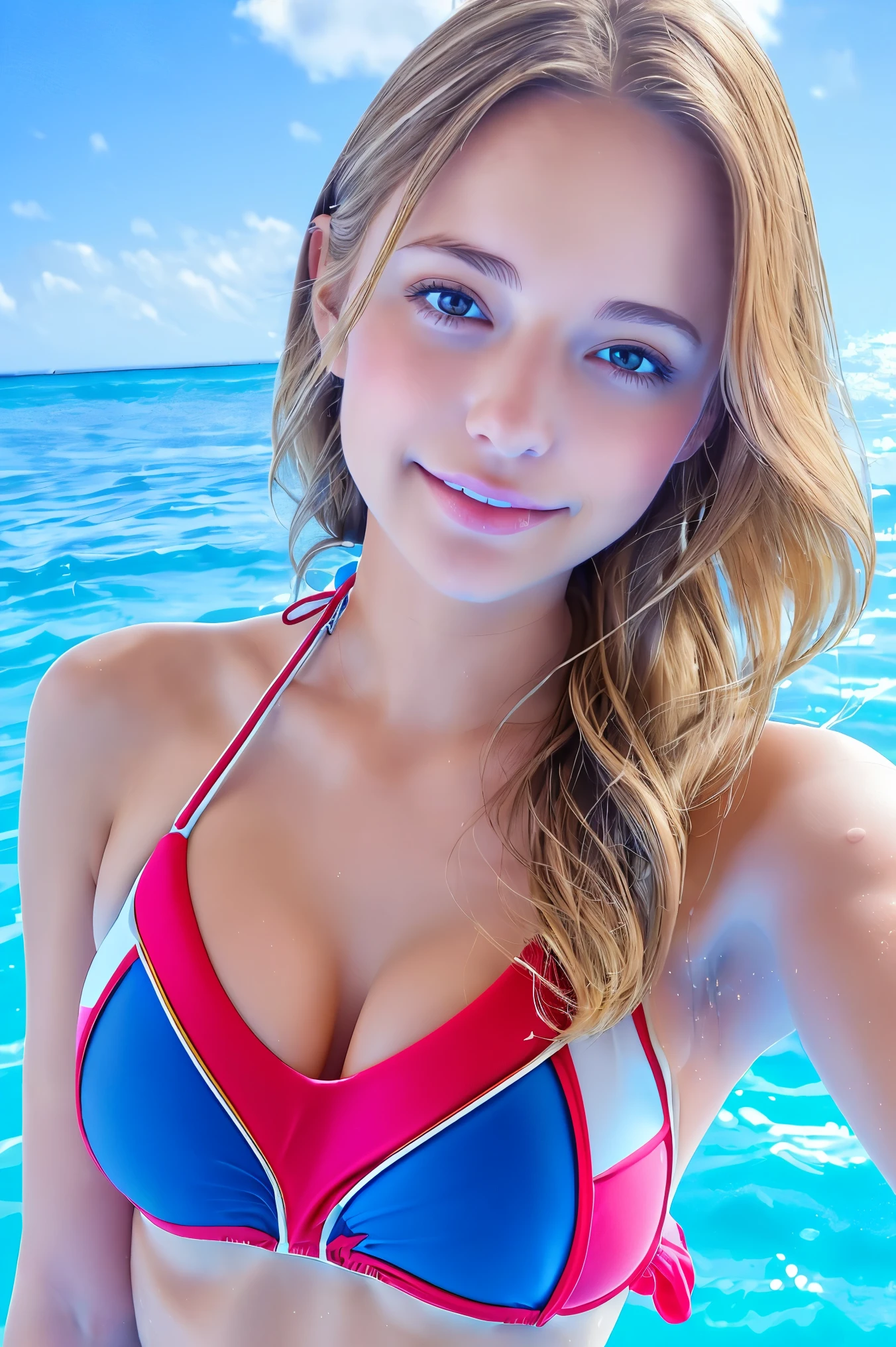 Beautiful young woman taking a selfie, Taken with iPhone camera、Swedish beauty,Long Hair((スポーツSwimwear:1.3)), Swimwear,Upper Body,One Girl