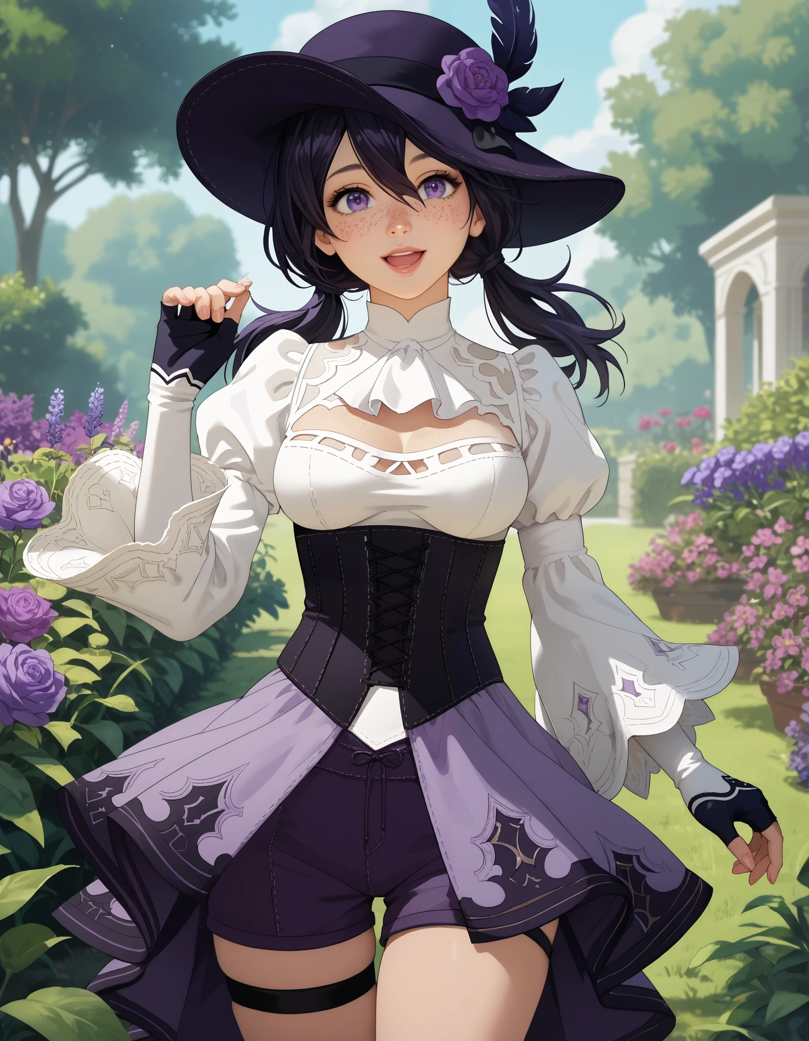 score_9, score_8_up, score_7_up, source_anime, anime_screencap, solo, nier2b, 1girl, purple eyes, big eyes, ish, open mouth, lips, smile, low twintails, medium hair, hair between eyes, white ascot, wide sleeves, long sleeves, white shirt, tricorne, purple tricorne, purple hat, hat, hat_feather, black hair, frills, freckles, ouji fashion, purple corset, corset, purple shorts, cross-laced shorts, thigh strap, medium breasts, white sleeves, framed breasts, fingerless gloves, coattails, purple orchids, garden, hand on headwear, cowboy shot