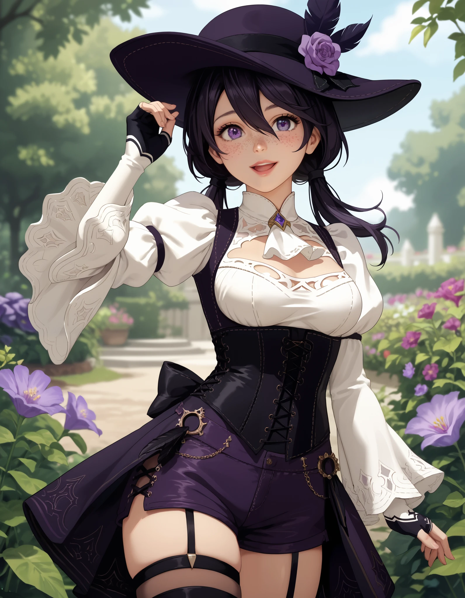 score_9, score_8_up, score_7_up, source_anime, anime_screencap, solo, nier2b, 1girl, purple eyes, big eyes, ish, open mouth, lips, smile, low twintails, medium hair, hair between eyes, white ascot, wide sleeves, long sleeves, white shirt, tricorne, purple tricorne, purple hat, hat, hat_feather, black hair, frills, freckles, ouji fashion, purple corset, corset, purple shorts, cross-laced shorts, thigh strap, medium breasts, white sleeves, framed breasts, fingerless gloves, coattails, purple orchids, garden, hand on headwear, cowboy shot
