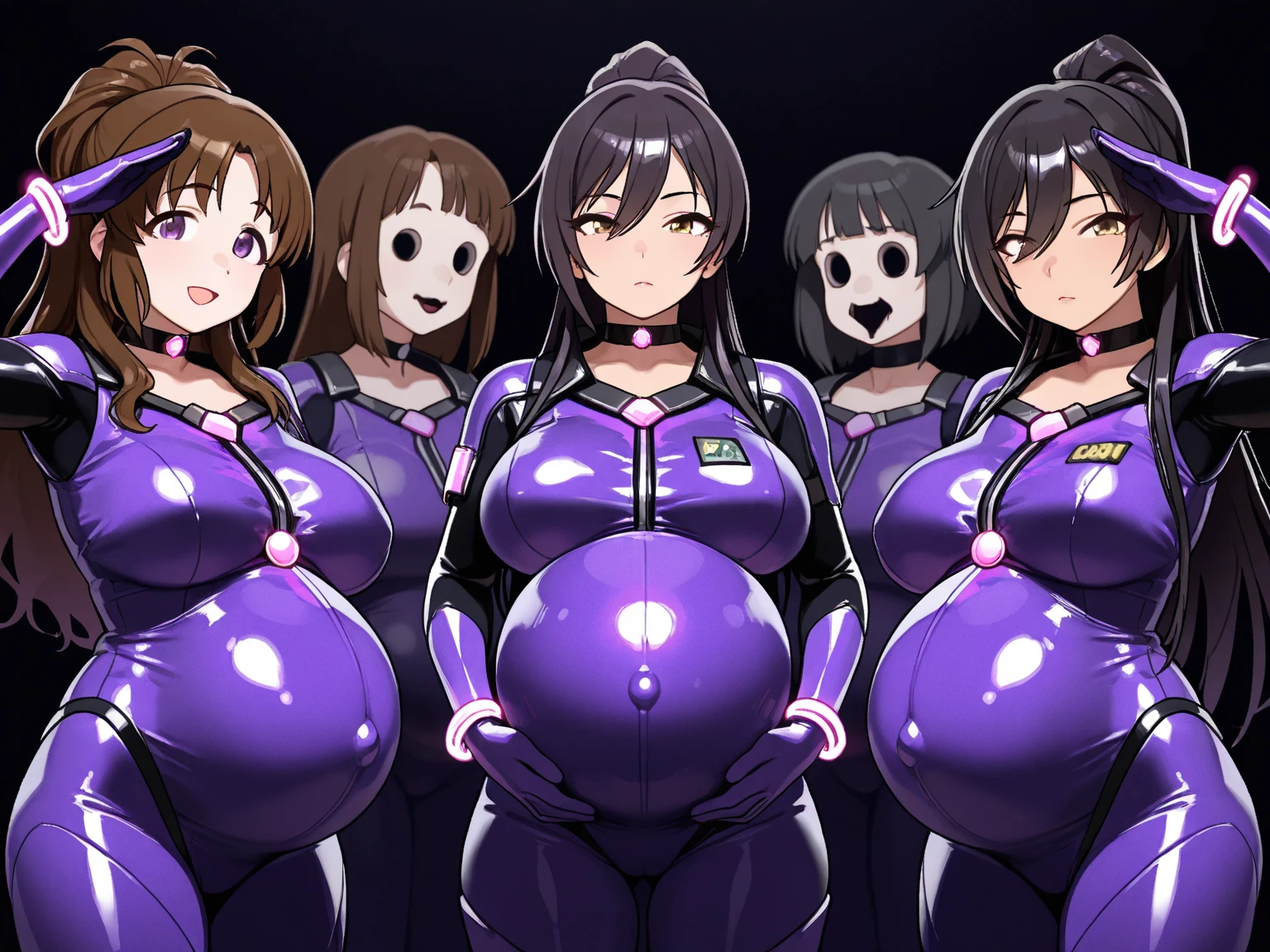 One girl,software, (Sailor suit，Beautiful pink latex pants, Latex jumpsuit with top,Black long boots,Black long gloves), (, Beautiful , ), Firm , Narrow waist, Curvaceous figure,Pregnant belly ,, Roll your eyes,saliva, smile,Drooling, Open your mouth,Jagged teeth,Eyes are hearts,Sweat, trembling, Shortness of breath,Highest quality, Black Hair