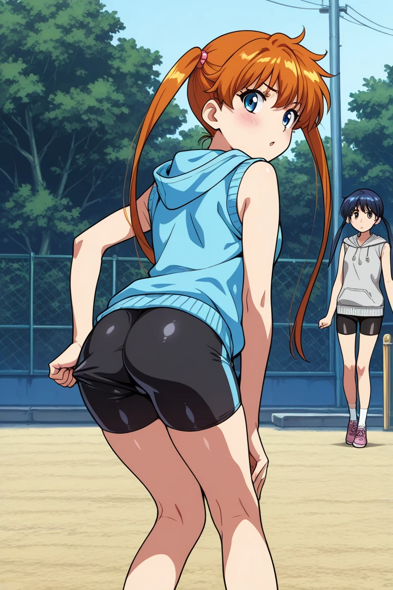 One Girl, alone, whole body, blush, smile, I401KC, Brown Hair, Short ponytail, White shirt, Sleeveless,One piece swimsuit, Bare arms, Sleeveless shirt, headgear, School Swimsuit, Sunburn, Sunburnlines, dark skin, Wear a swimsuit under your clothes, Sailor shirt, Orange sailor collar, From behind,