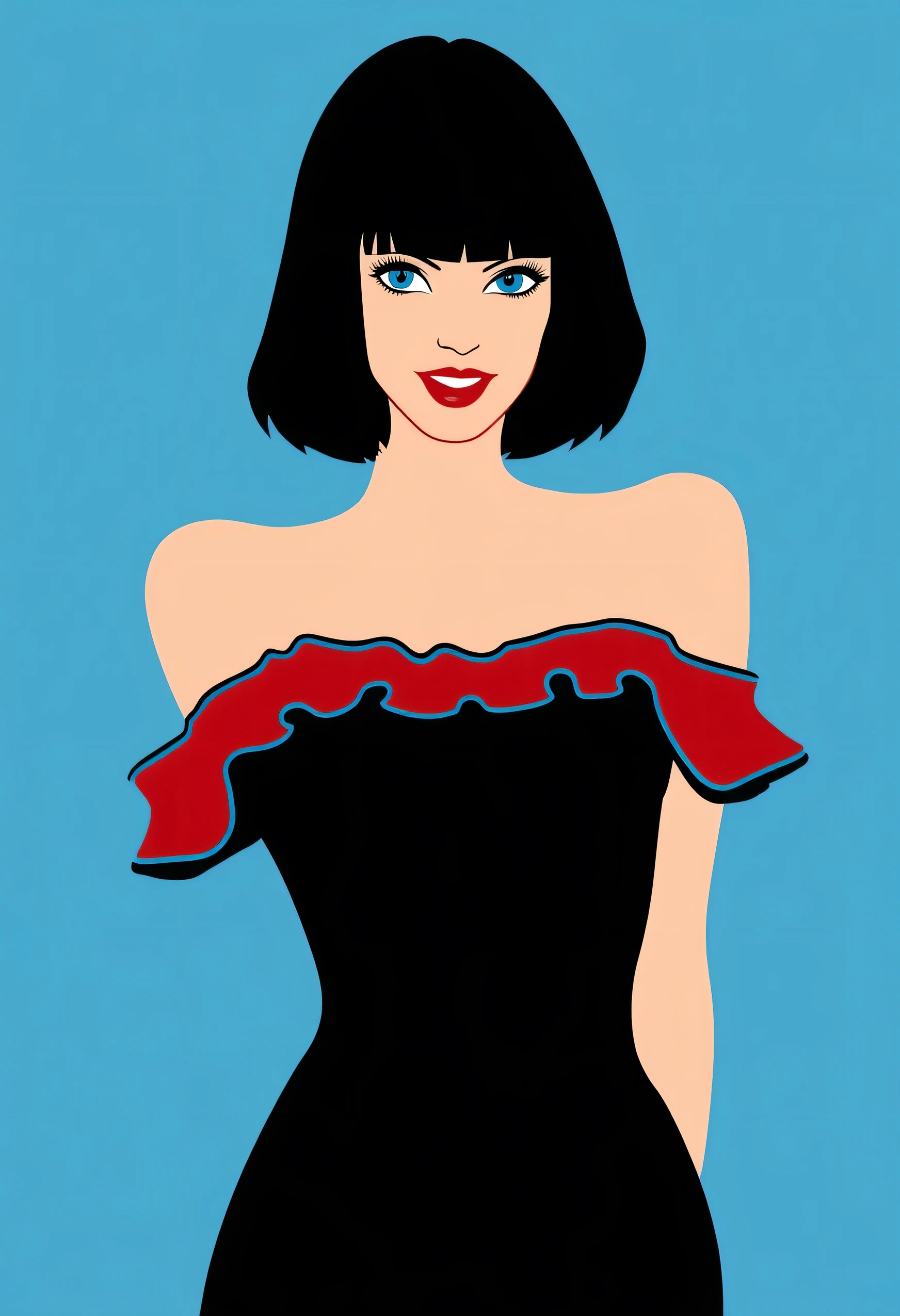 Aesthetically_Pleasant_Pose, 1Woman, Solo, Stencil, close up, A captivating simple Vector art of a black bob hair female wearing a stylish black jumpsuit. The jumpsuit features a red off-the-shoulder ruffle at the top, which is accented with blue trim along its edge, blue eyes, and a red lip, bare shoulders, blue background. Standing up, it’s a very minimalist simple vector illustration with minimal colors, upper body, looking at viewers, sexy smile, no grin