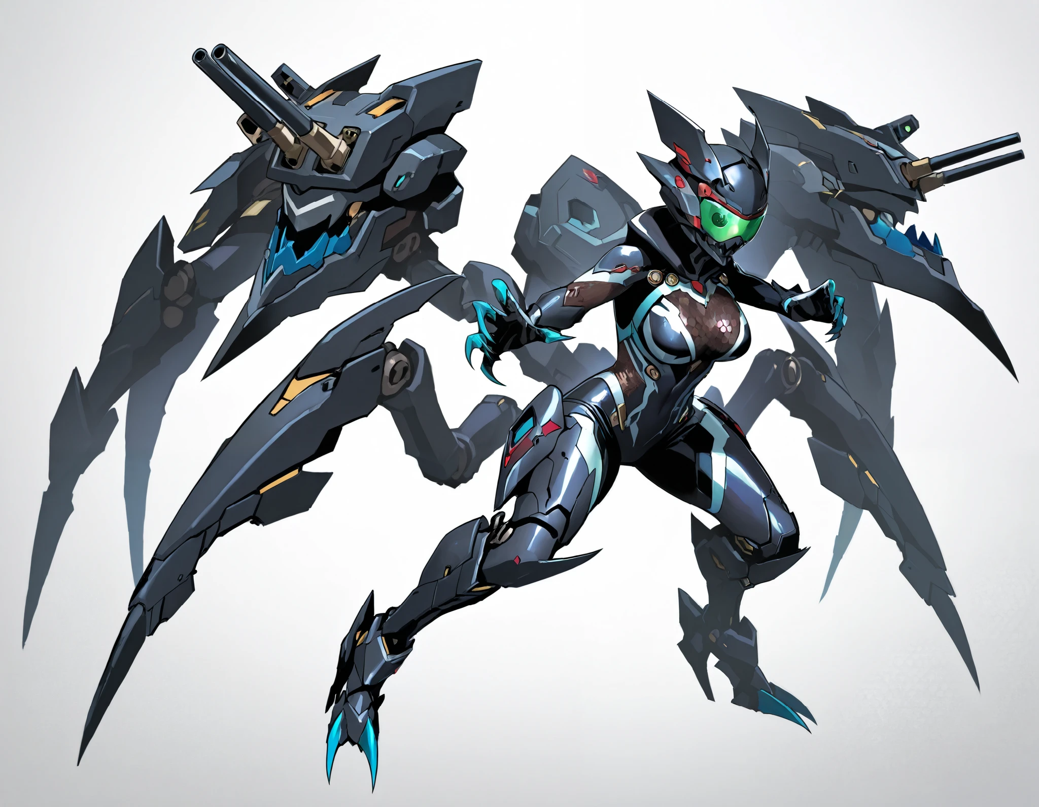 Arachne style girl. Cyber style. Honeycomb pattern bodysuit. Lightning. Mechanical spider legs. Turret. Sharp claws. Mechanical head accessory. Compound eyes. Goggles. Breasts perky. White background.