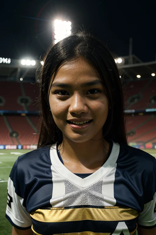 Female footballer, 20 yo, cute malay girl, wear tight football kit, smily, stadium, muscle fit body