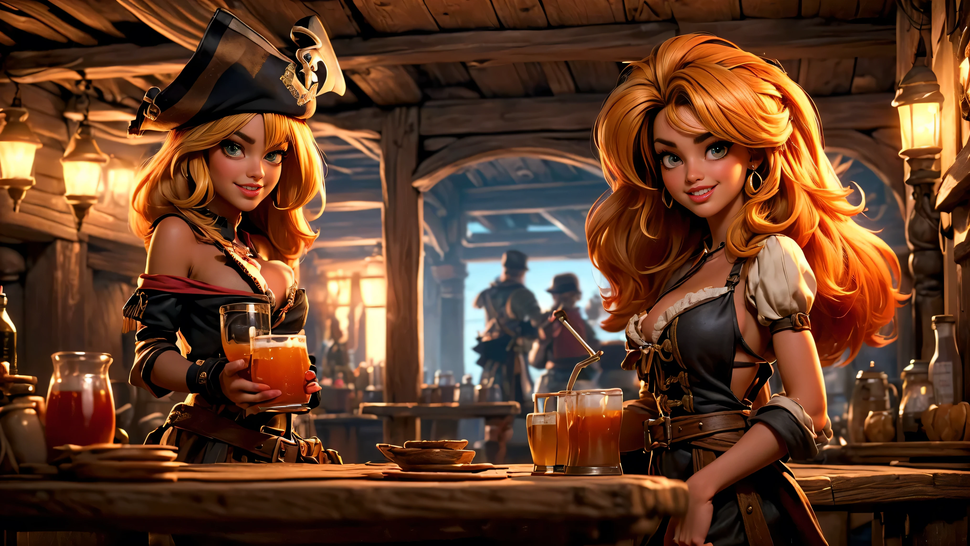 ((tavern and brothel filled with men)), ((1 redheaded tavern wench serving drinks to old pirates)), ((messy hair, orange hair)), ((1 serving girl)), ((solo girl)), ((ager)), (()), ((littlegirl)), ((Smiling)), ((little)), ((dark tan skin)), ((cute girl)), ((she is serving the pirates)), ((pirates are lusting after the girl)), ((pirates are large burly men)), ((pirates have dark hair)), ((men have blonde hair)), ((men wearing pirate cloths)), ((unshaven pirates)), ((she walks to the tables carrying tankards)), ((the men can't help but stare at her beauty as she walks by)), old tavern, pirate tavern, pirates holding and drinking tankards of ale,