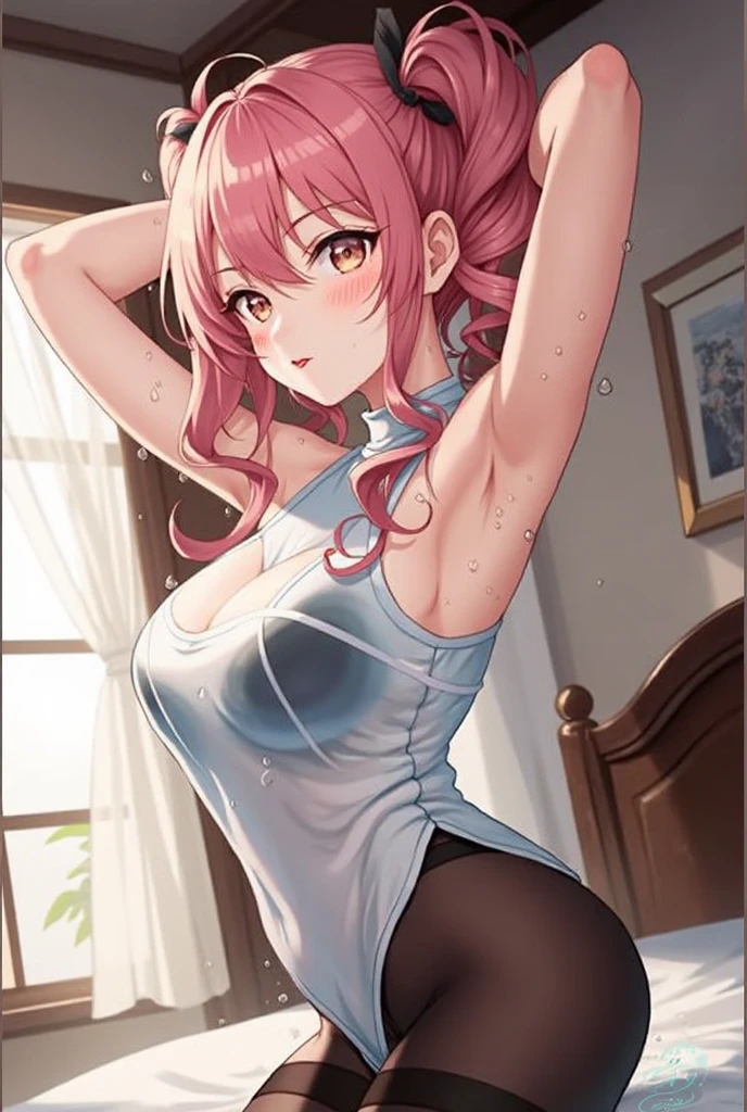 A beautiful girl in lingerie kneeling on a wooden floor next to a window, anime girl, girl turning around, (see-through sheer micro bra:1.6), (Shiny pink satin panties with fine ruffles:1.3), panties that cover the butt, garter belt, big rounds breasts, (bare chest), dark brown hair, long bangs, long hair, wavy hair, shiny hair, french braid, magenta hair ribbon, hair butterfly, aqua eyes, glowing eyes, pupils sparkling, earrings, smile, blush, glossy lips, upper teeth, wonderful face and eyes, (amazingly beautiful girl), my back is turned, showing your butt, Angle from the back, kneeling, high detail, (super detailed), (Very detailed CG synthesis 8k wallpaper), anime, anime style, cinematic lighting, dithering, image fill, character chart, multiple views, cinematic lighting, vanishing point, perspective, panorama, Wide-Angle, f/1.8, 85mm, Nikon, 8k, super detail, UHD, retina, masterpiece, accurate, anatomically correct, textured skin, high details, best quality, highres, 16k