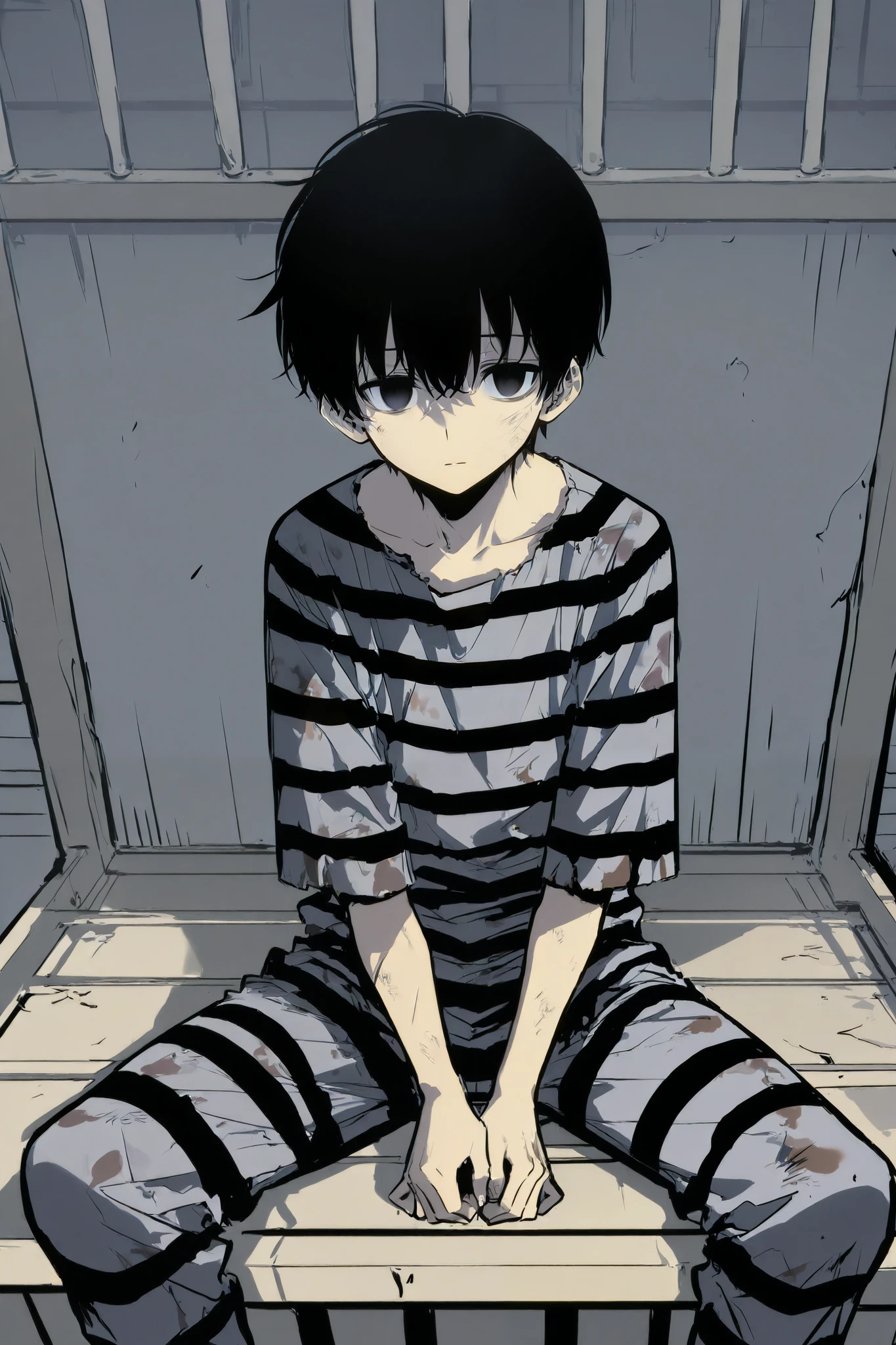 Young boy in In old and dirty prison clothes, dirty clothes, dirty, black hair , empty eyes, intricate sketch, un-zoom, highly detailed, Old prison cell background, sitting pose , The empty stare