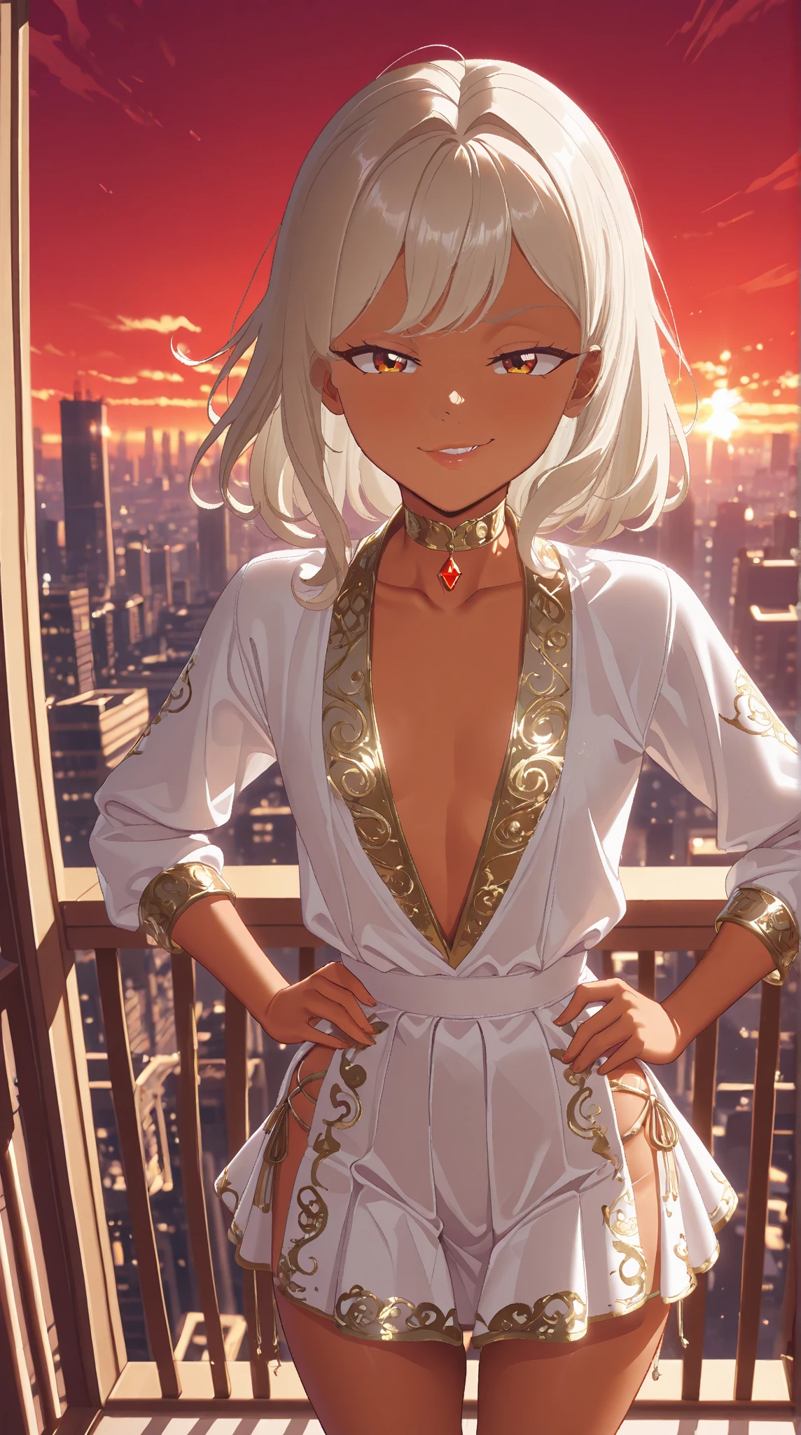 solo, 1girl, medium breasts, (dark skin:1.5), white hair, pixie cut, braided hair, yellow eyes, wide hips, looking at viewer, white dress, plunging neckline, cleavage, cute, idol, balcony, dancer, detailed eyes, seductive smile, happy, round breasts, perky breasts, petite, gold, jewelry,