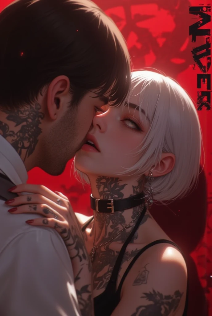 (8K, hight resolution, ultra-detailliert), anime boy, Mafia Noir Casino Gambling Bar Vampire dominant alpha gay couple macho sexy handsome demon adult men with tattoos big chest big abs slicked back hairstyle smoking red eyes charisma goth ((perfect face structure)) detailed stylized ((handsome male couple)) ((men kissing)) ((perfect eyes))