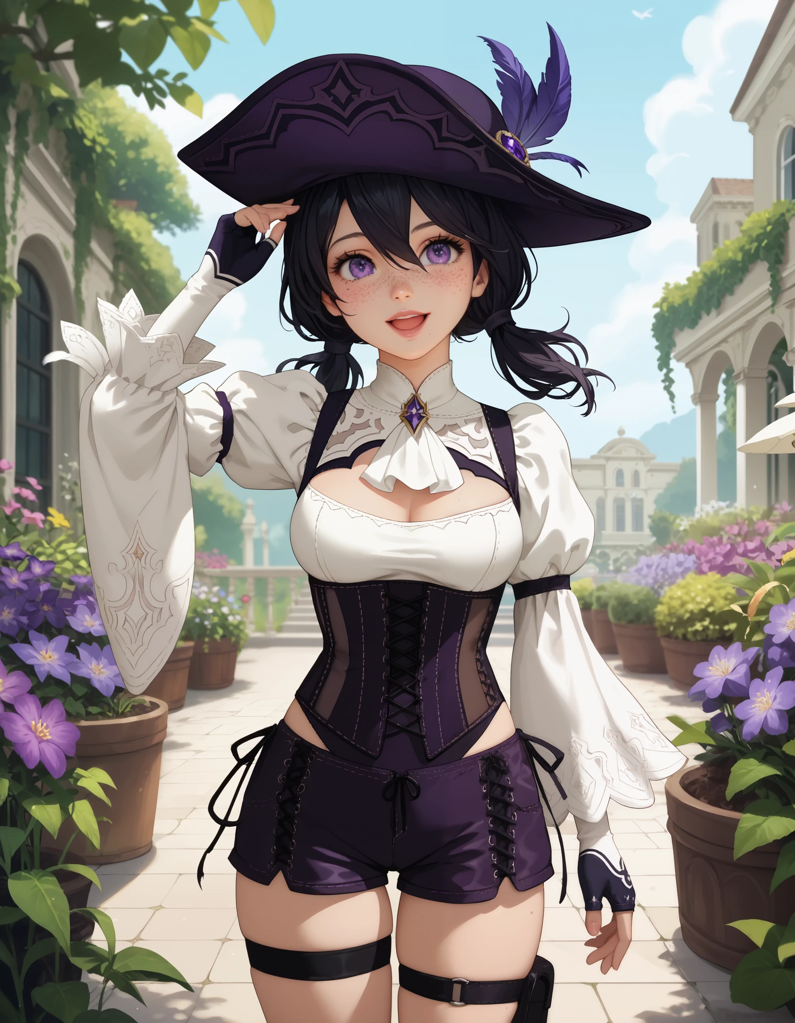 score_9, score_8_up, score_7_up, source_anime, anime_screencap, solo, nier2b, 1girl, purple eyes, big eyes, ish, open mouth, lips, smile, low twintails, medium hair, hair between eyes, white ascot, wide sleeves, long sleeves, white shirt, tricorne, purple tricorne, purple hat, hat, hat_feather, black hair, frills, freckles, ouji fashion, purple corset, corset, purple shorts, cross-laced shorts, thigh strap, medium breasts, white sleeves, framed breasts, fingerless gloves, coattails, purple orchids, garden, hand on headwear, cowboy shot