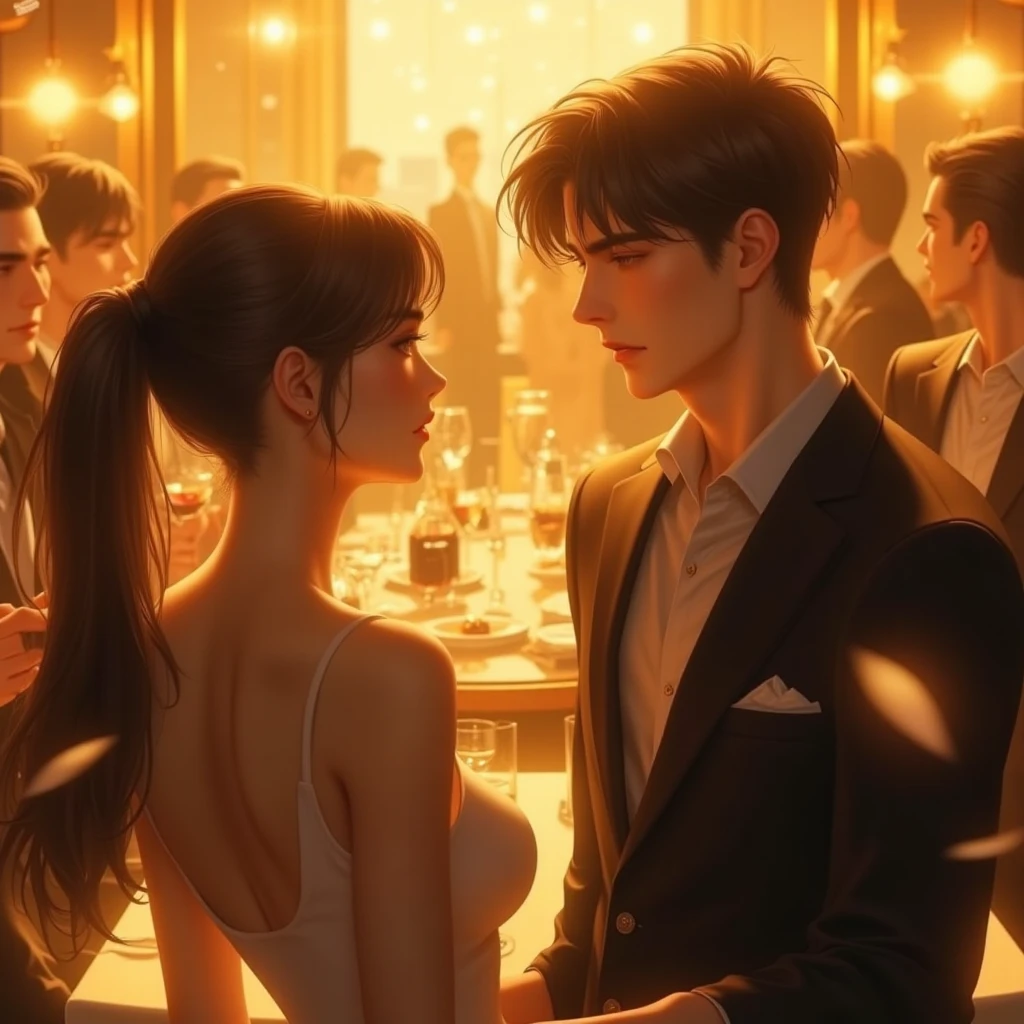 Real photo style、Realistic、Cute handsome man、Idol face、、Japanese、Slim body、Mash Hair、Completely naked、Full nudity、Crowded fine dining restaurant、Back view of a man pouring red wine from a bottle、Butt Exposed、Face turned to the side