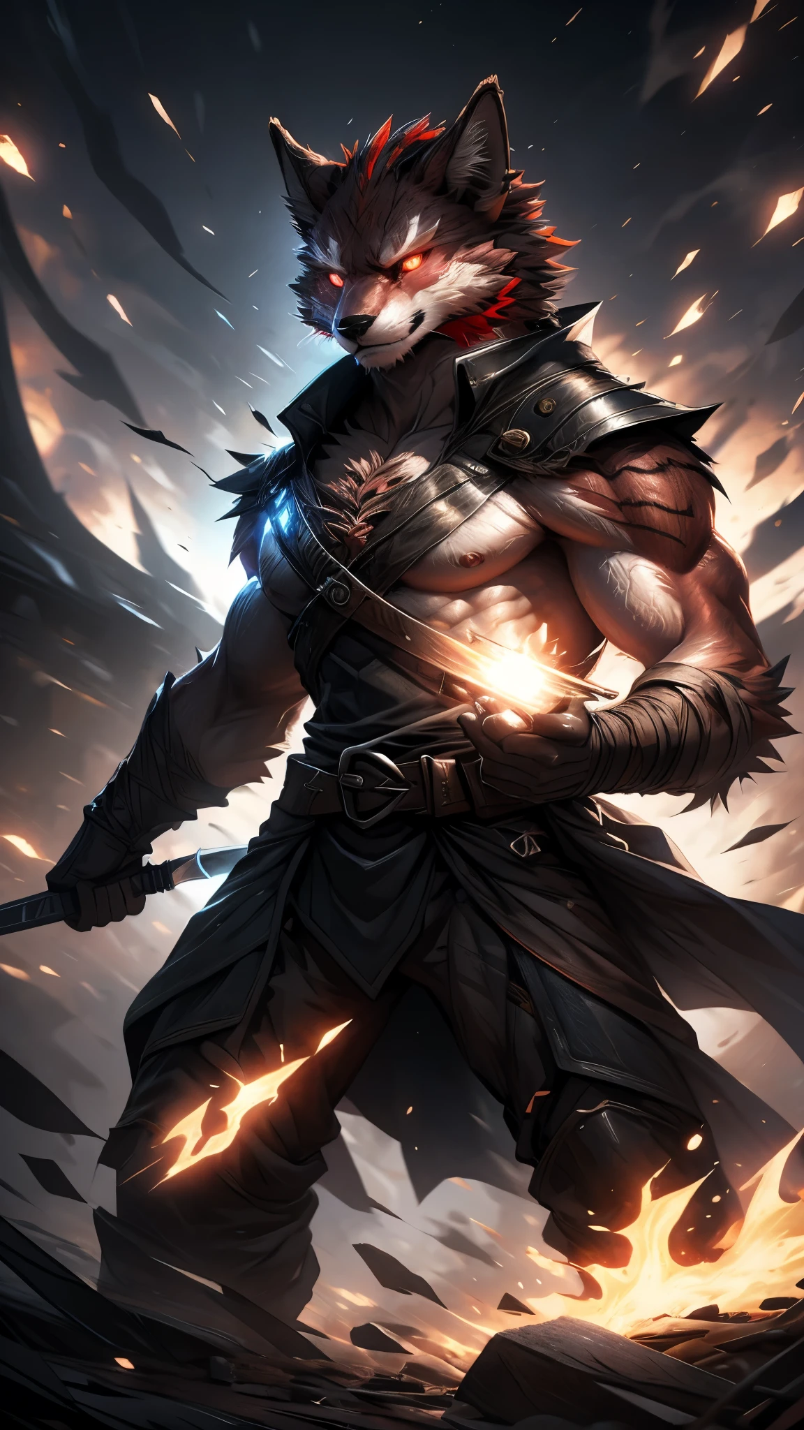 A highly detailed furry warrior with a muscular, battle-worn physique, wielding two intricately designed daggers, The character has sharp, glowing eyes with a piercing and realistic shine, exuding intense determination and battle focus, Their fur is thick and well-defined, with each strand visible, adding depth and realism, They wear a tattered yet stylish combat outfit, including wrapped bandages on their arms and a dark, reinforced chest guard, The daggers have a sleek, curved design with glowing energy veins running along the blades, reflecting ambient light, The background is a dynamic battlefield with shattered debris, glowing embers, and a mystical, cyberpunk-like atmosphere, featuring blue and red neon lighting that enhances the dramatic effect, Snow or ash particles float in the air, adding depth to the action scene, The lighting is intense and cinematic, with strong highlights and deep shadows that give a sense of motion and power. The overall art style is high-quality anime with ultra-sharp details, making every element—fur texture, reflections, and weapon engravings—stand out vividly, Ultra-realistic details, UHD 8K quality, cinematic aesthetic