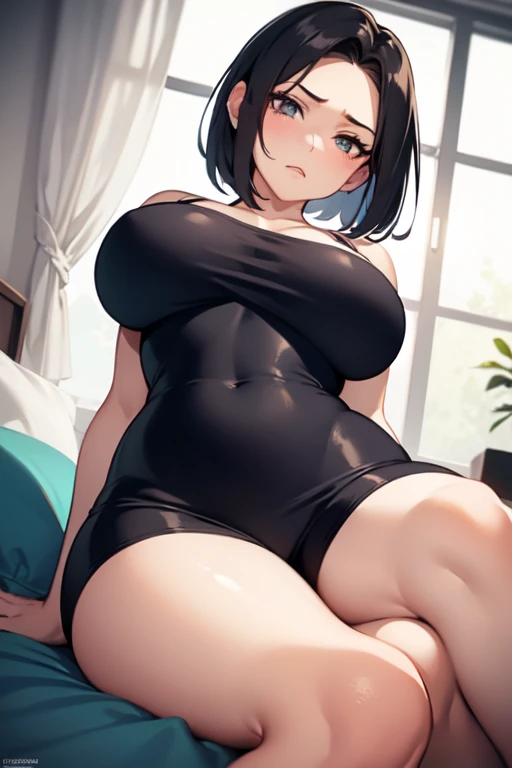 30 year old woman, Mother, with good body, very big big breasts and a huge butt just like thighs, Thin waist, short hair, mushroom-shaped and chestnut, Brown eyes, she is happy and very excited, is in his room, He is on all fours on top of his bed, he is looking very lustfully, He is showing his huge butt, She's only wearing her thong and it's very tight., his private parts are marked, She also wears a very short white top., She is not wearing a bra so her nipples are visible.