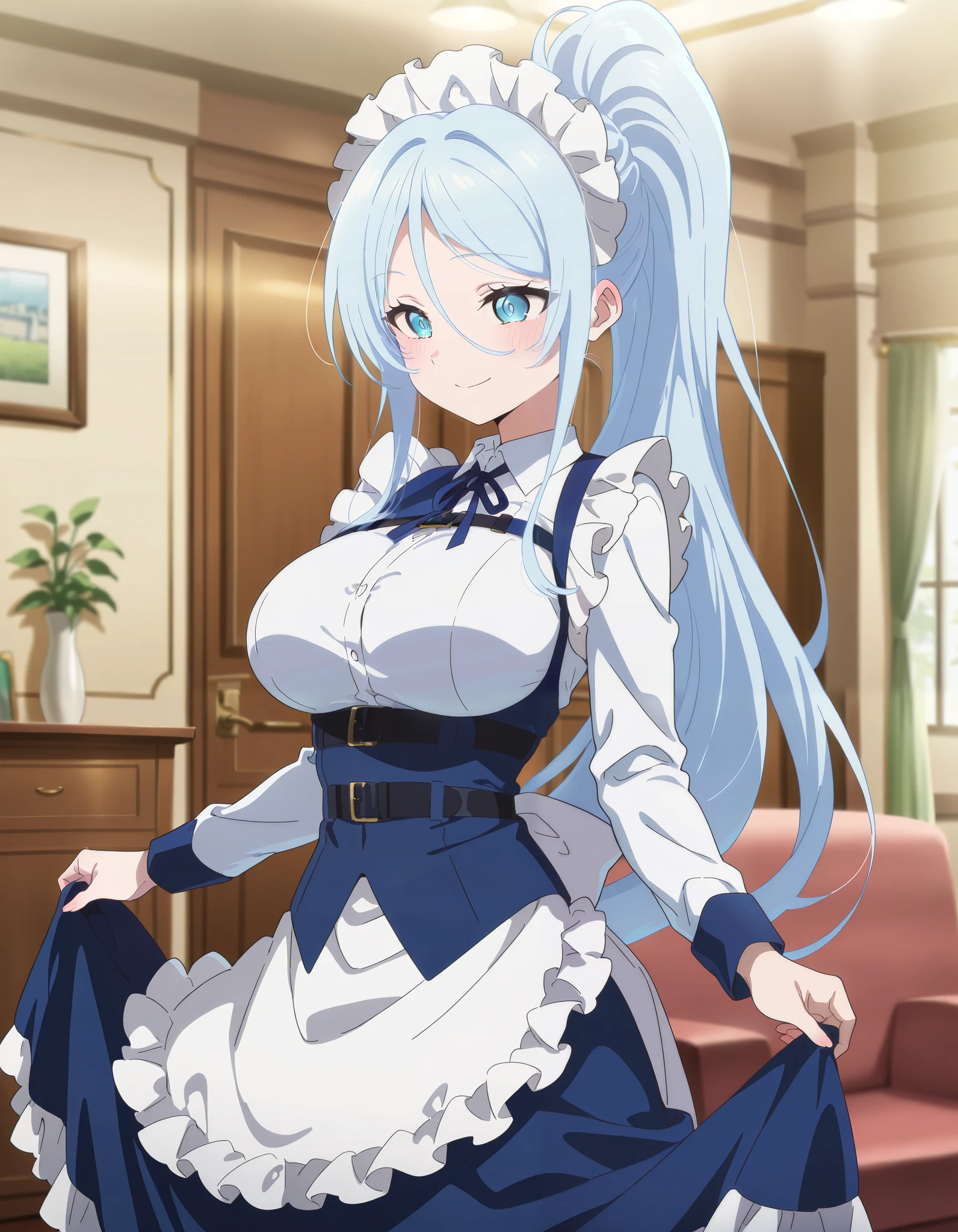 score_9 , score_8_up , score_7_up , score_6_up , source_anime , (masterpiece) best quality, amazing quality, very aesthetic, absurdres, newest, scenery, 1girl, long hair, blue eyes, hair between eyes, light blue hair, high ponytail, sidelocks
maid headdress, neck ribbon, blue ribbon, white shirt, collared shirt, long sleeves, (frills:1.1), frilled apron, waist apron, white apron, belt, blue dress, frilled skirt
maid headdress, white shirt, collared shirt,long sleeves, blue skirt, shiny skin, blushed, smiling, anime screenshot, masterpiece, best quality, amazing quality, very aesthetic, absurdres, newest, scenery, volumetric lighting, living room,