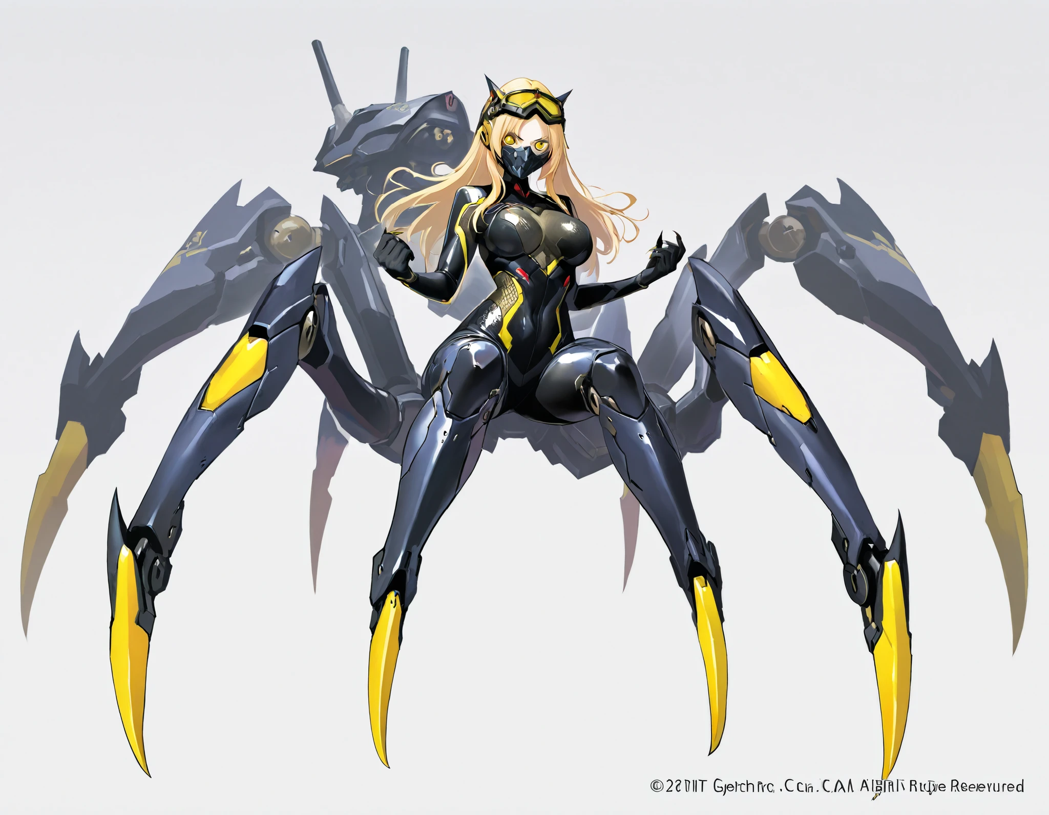 Arachne style girl. Cyber style. Honeycomb pattern bodysuit. Lightning. Mechanical spider legs. Blonde hair. Side-parted bangs. Turret. Sharp claws. Mechanical head accessory. Compound eyes. Goggles. Breasts perky. White background.