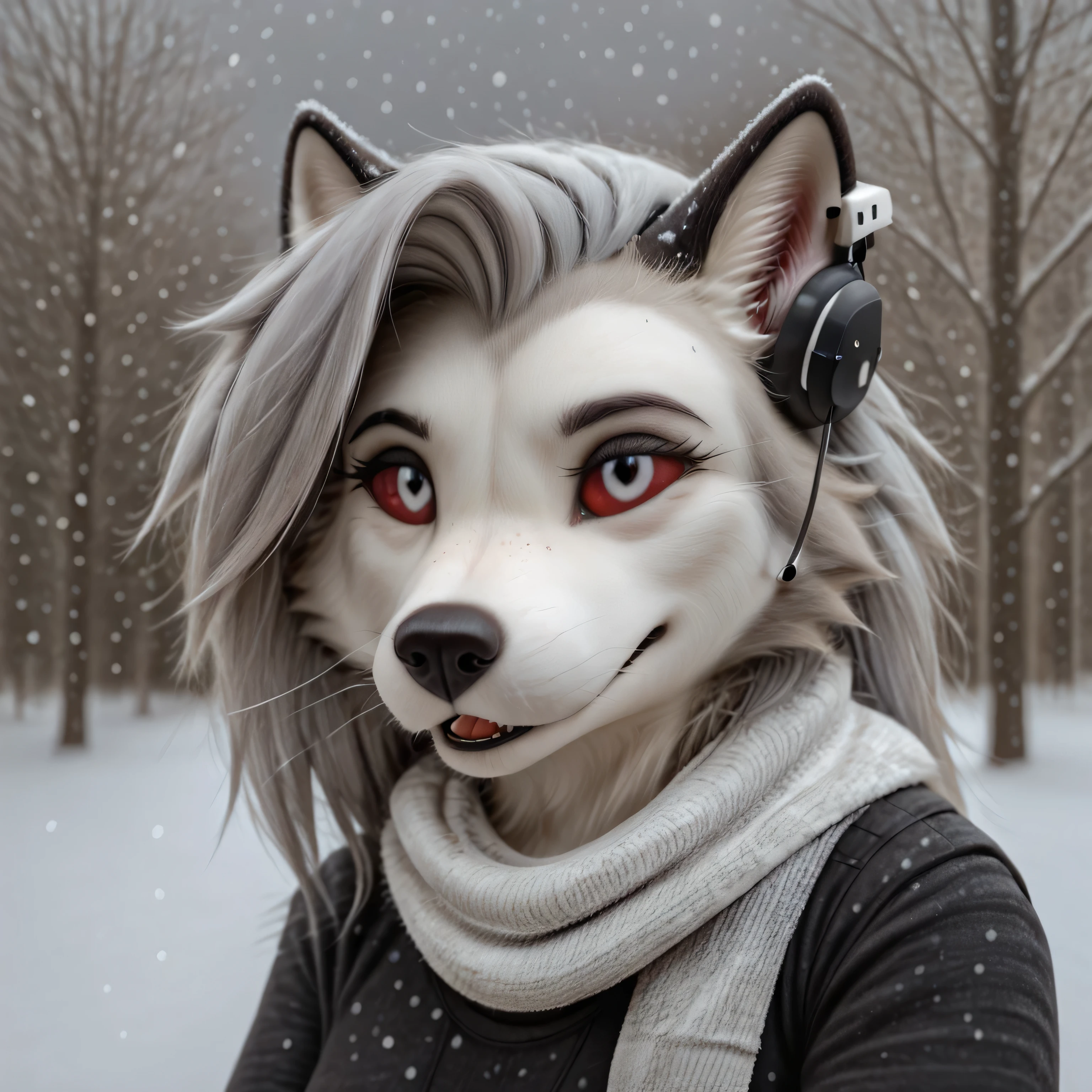 (zPDXL2), (PonyXLV6_Scores), rating_safety, Expressiveh, three-quarter portrait, Loona, Anthro, Furry, female, warm puffy, warm scarf, warm headwear, warm earheadset, winter, cold, cold weathers, snowfall, blizzard, freezy, chackles